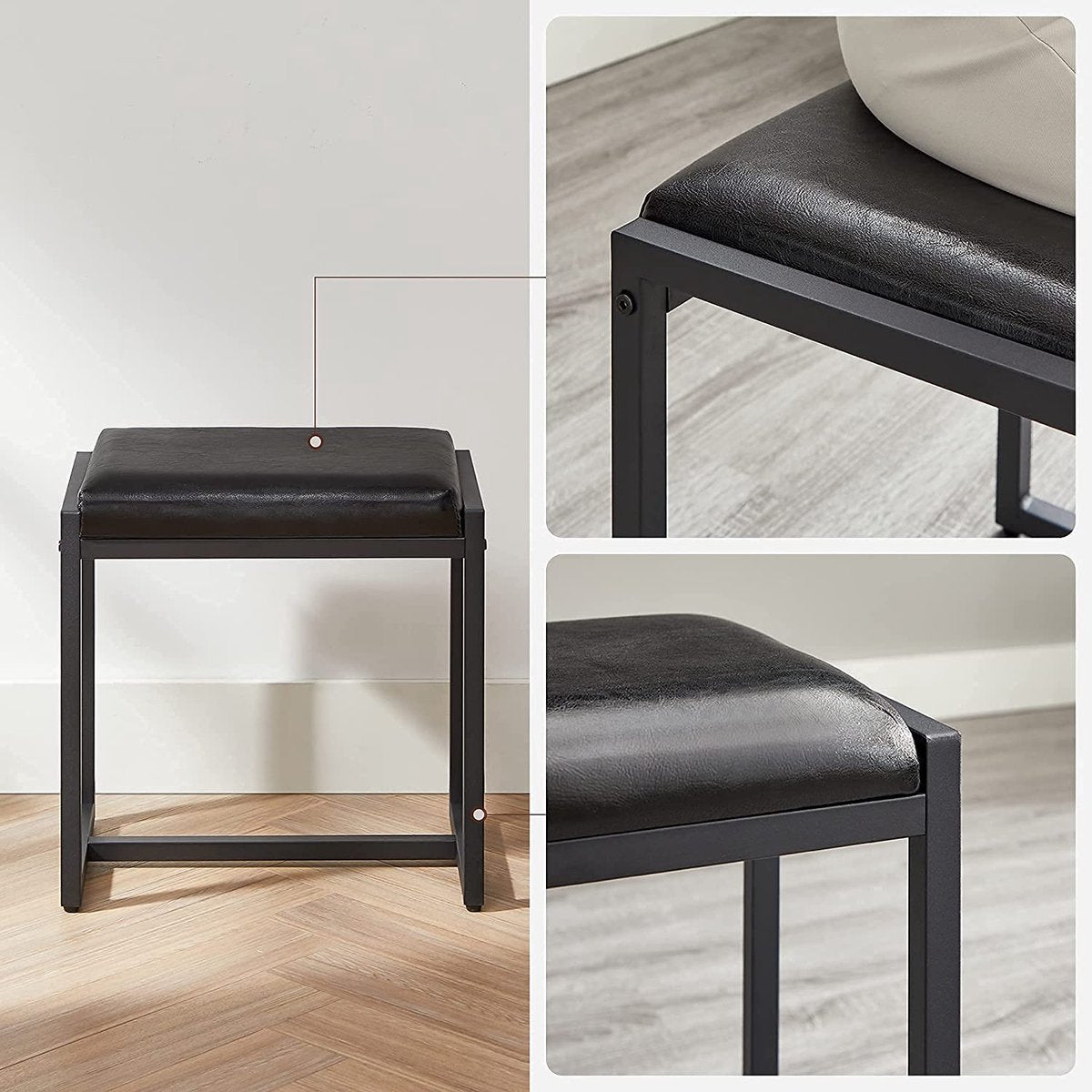 Toilettafel, Make-uptafel met inklapbare spiegel uit 3 delen, Föhnhouder, Kaptafel met gestoffeerde kruk, 3 lades, Industrieel ontwerp, Greige-zwart RVT004B02