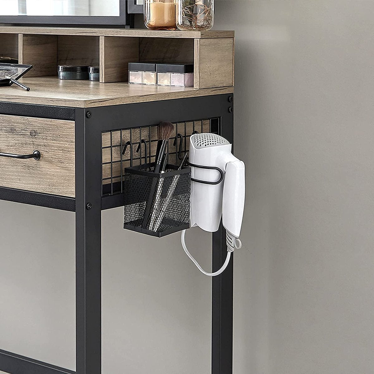 Toilettafel, Make-uptafel met inklapbare spiegel uit 3 delen, Föhnhouder, Kaptafel met gestoffeerde kruk, 3 lades, Industrieel ontwerp, Greige-zwart RVT004B02