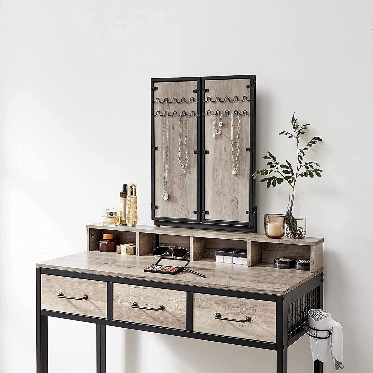 Toilettafel, Make-uptafel met inklapbare spiegel uit 3 delen, Föhnhouder, Kaptafel met gestoffeerde kruk, 3 lades, Industrieel ontwerp, Greige-zwart RVT004B02