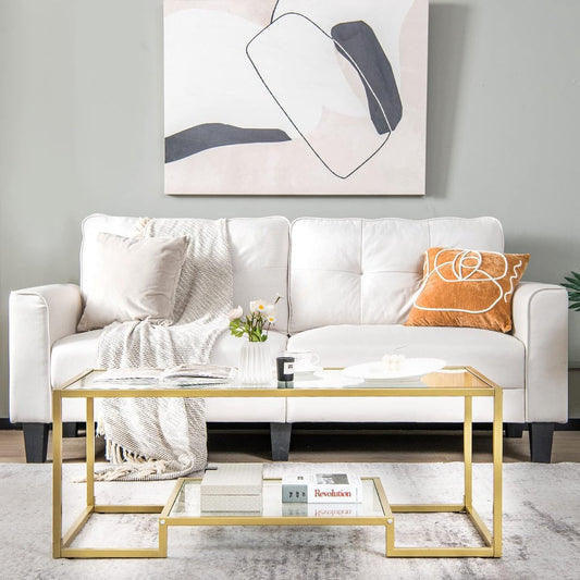 Salontafel met glazen blad, metalen frame, glazen salontafel, woonkamertafel, salontafel voor woonkamer, studeerkamer, 114 x 51 x 43,5 cm