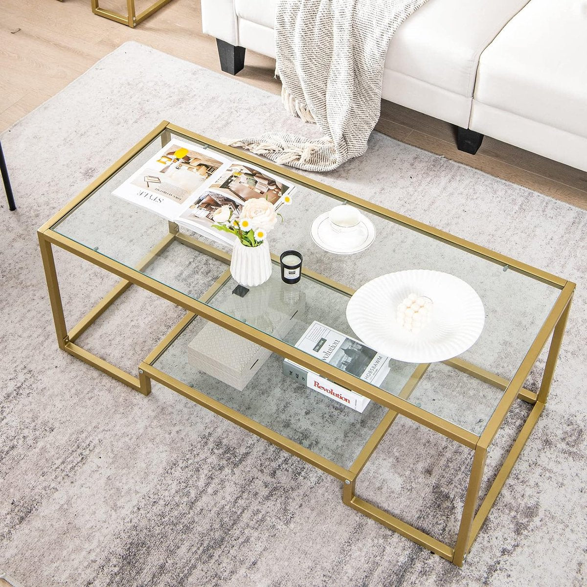 Salontafel met glazen blad, metalen frame, glazen salontafel, woonkamertafel, salontafel voor woonkamer, studeerkamer, 114 x 51 x 43,5 cm