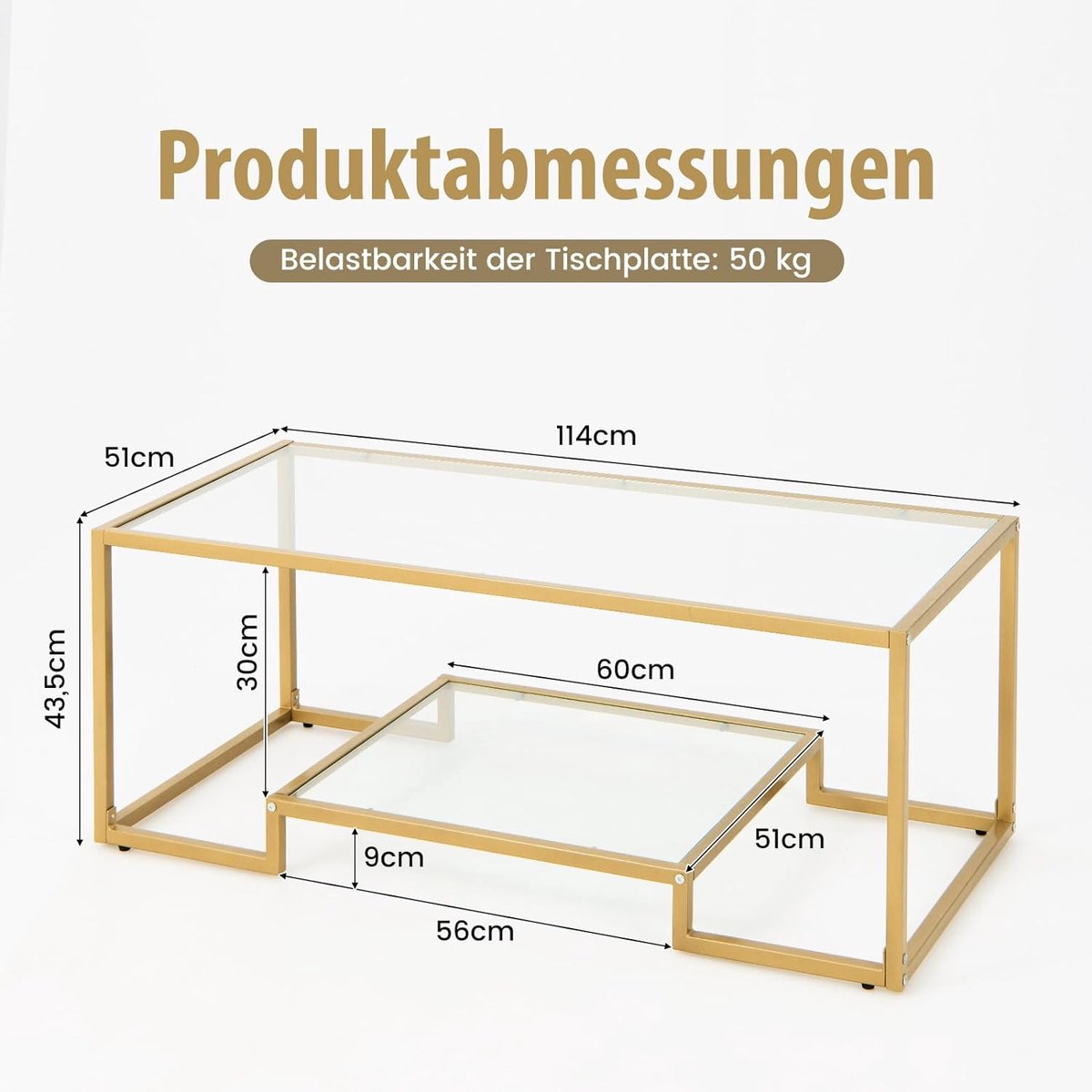 Salontafel met glazen blad, metalen frame, glazen salontafel, woonkamertafel, salontafel voor woonkamer, studeerkamer, 114 x 51 x 43,5 cm