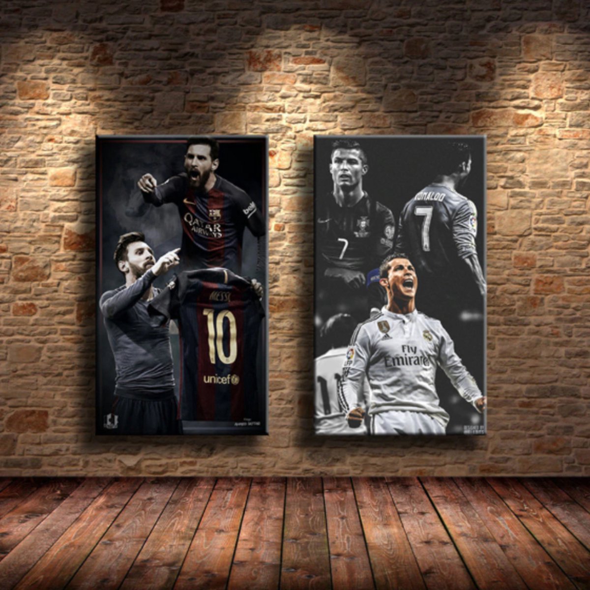 Allernieuwste.nl® 2-Delig Canvas Schilderij Voetbalsterren Ronaldo en Messie - Voetbal - Poster - Set 2st 50 x 70 cm - Kleur
