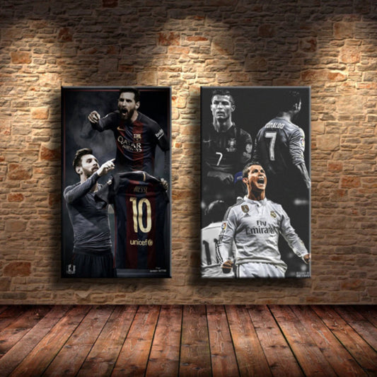 Allernieuwste.nl® 2-Delig Canvas Schilderij Voetbalsterren Ronaldo en Messie - Voetbal - Poster - Set 2st 50 x 70 cm - Kleur
