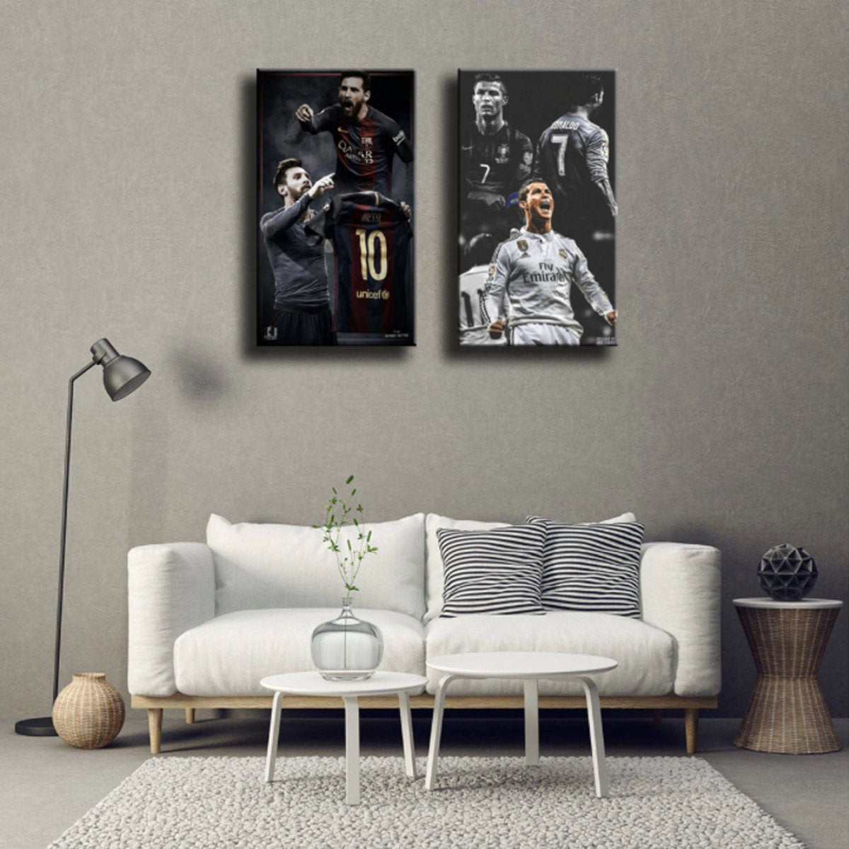 Allernieuwste.nl® 2-Delig Canvas Schilderij Voetbalsterren Ronaldo en Messie - Voetbal - Poster - Set 2st 50 x 70 cm - Kleur