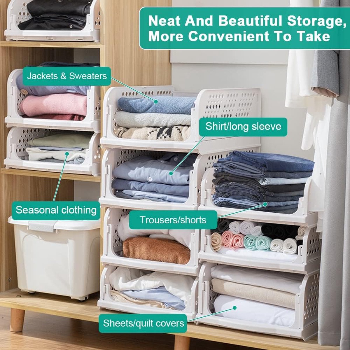 Set van 3 ladekasten Kledingkast Ladekasten Stapelbare plank voor kledingkast Binnen Opvouwbare opbergdozen Lade Wit Stapelbare lades voor kleding Slaapkamer Keuken Badkamer