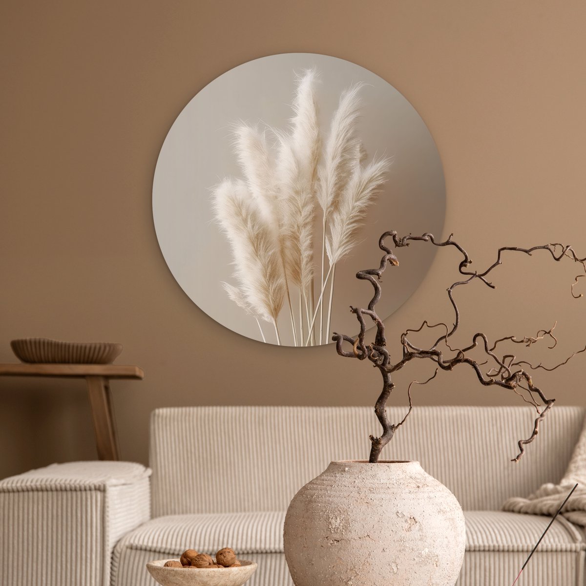 WallCircle® Wandcirkel 60x60 cm - Muurcirkel Pampasgras - Pluimen - Planten - Pastel - Aardtonen - Muurdecoratie cirkel woonkamer - Wanddecoratie slaapkamer - Kamer decoratie accessoires - Ronde schilderijen binnen - Woonaccessoires