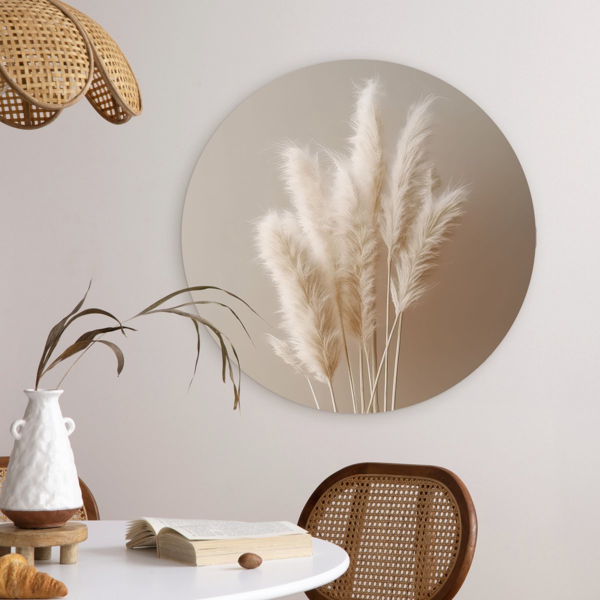 WallCircle® Wandcirkel 60x60 cm - Muurcirkel Pampasgras - Pluimen - Planten - Pastel - Aardtonen - Muurdecoratie cirkel woonkamer - Wanddecoratie slaapkamer - Kamer decoratie accessoires - Ronde schilderijen binnen - Woonaccessoires