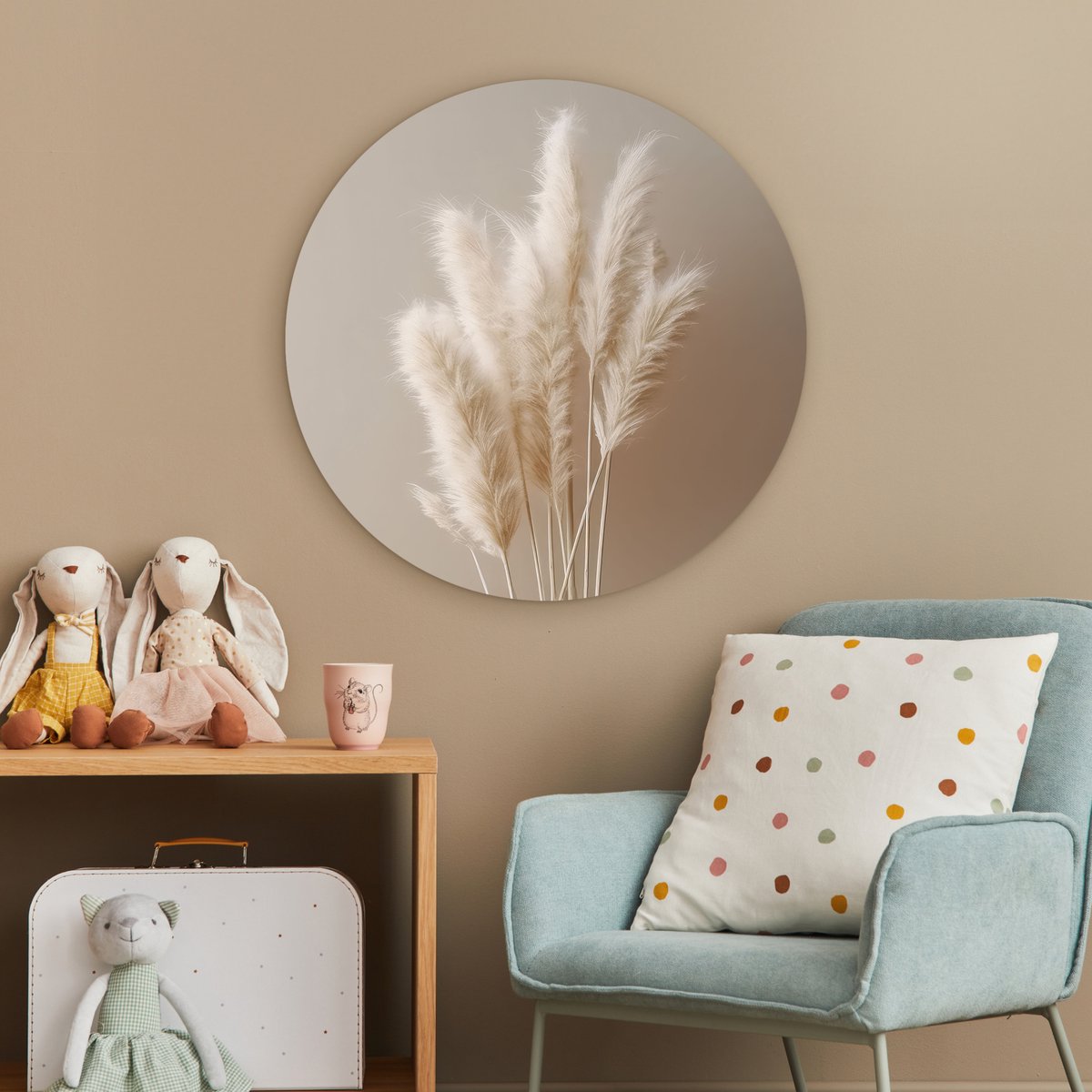 WallCircle® Wandcirkel 60x60 cm - Muurcirkel Pampasgras - Pluimen - Planten - Pastel - Aardtonen - Muurdecoratie cirkel woonkamer - Wanddecoratie slaapkamer - Kamer decoratie accessoires - Ronde schilderijen binnen - Woonaccessoires