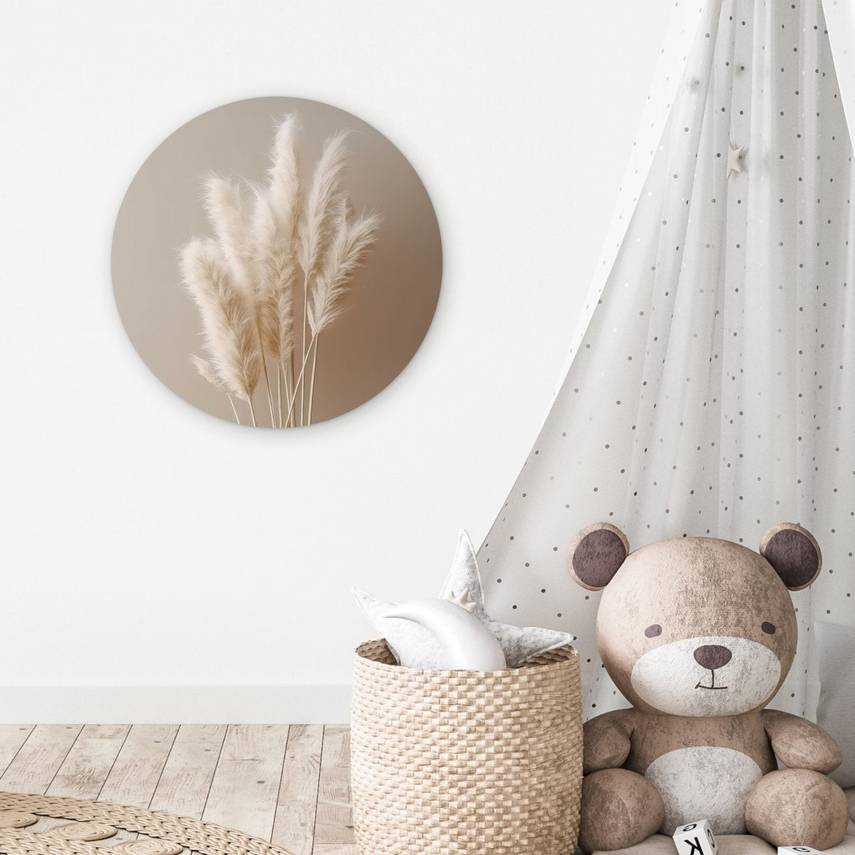 WallCircle® Wandcirkel 60x60 cm - Muurcirkel Pampasgras - Pluimen - Planten - Pastel - Aardtonen - Muurdecoratie cirkel woonkamer - Wanddecoratie slaapkamer - Kamer decoratie accessoires - Ronde schilderijen binnen - Woonaccessoires
