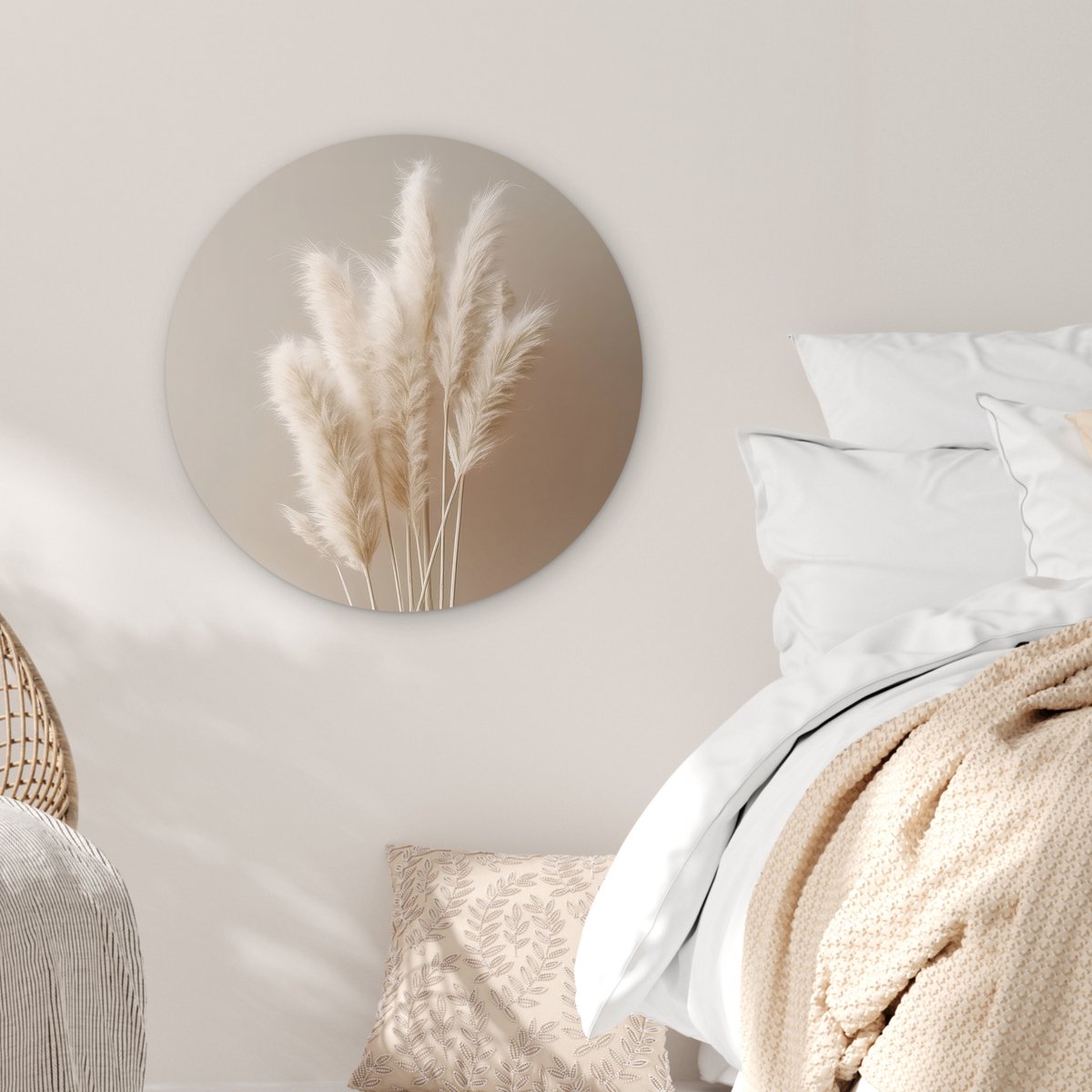 WallCircle® Wandcirkel 60x60 cm - Muurcirkel Pampasgras - Pluimen - Planten - Pastel - Aardtonen - Muurdecoratie cirkel woonkamer - Wanddecoratie slaapkamer - Kamer decoratie accessoires - Ronde schilderijen binnen - Woonaccessoires