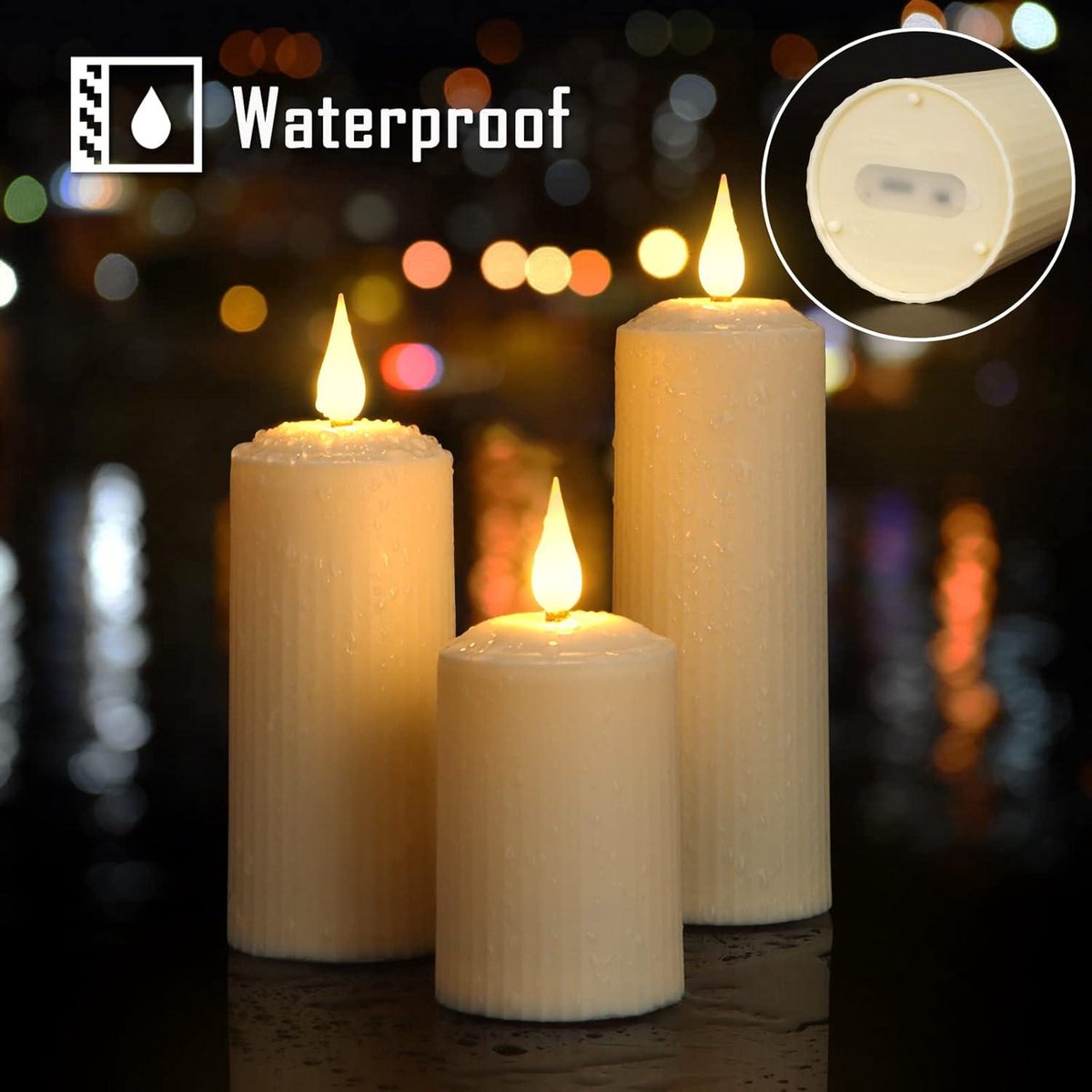 LED Candles with Moving Flame - Waterproof Rechargeable Candles - Timer Remote Control - Warm White Dimmable - Electric Flameless Pillar Candles - USB-Type-C Cable - Outdoor Use - Set of 3
