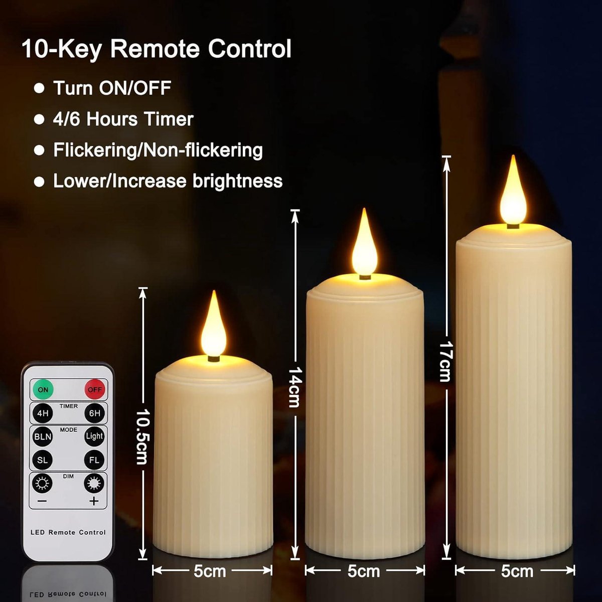 LED Candles with Moving Flame - Waterproof Rechargeable Candles - Timer Remote Control - Warm White Dimmable - Electric Flameless Pillar Candles - USB-Type-C Cable - Outdoor Use - Set of 3