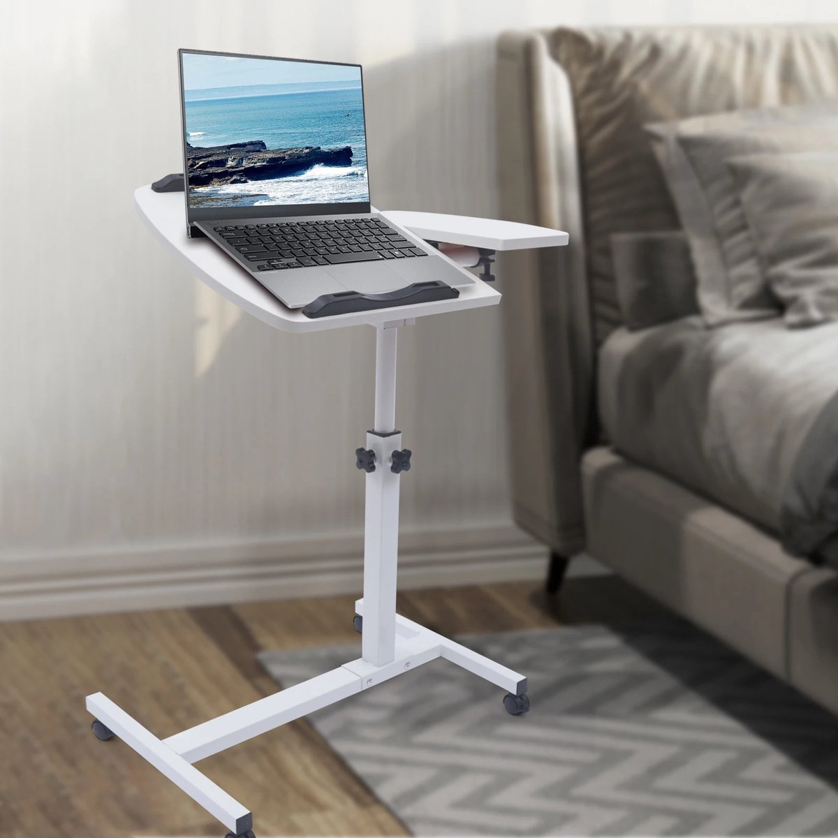 Bedside Table - Laptop Table - With Wheels - Foldable - Mobile - Height Adjustable - Work from Home - White