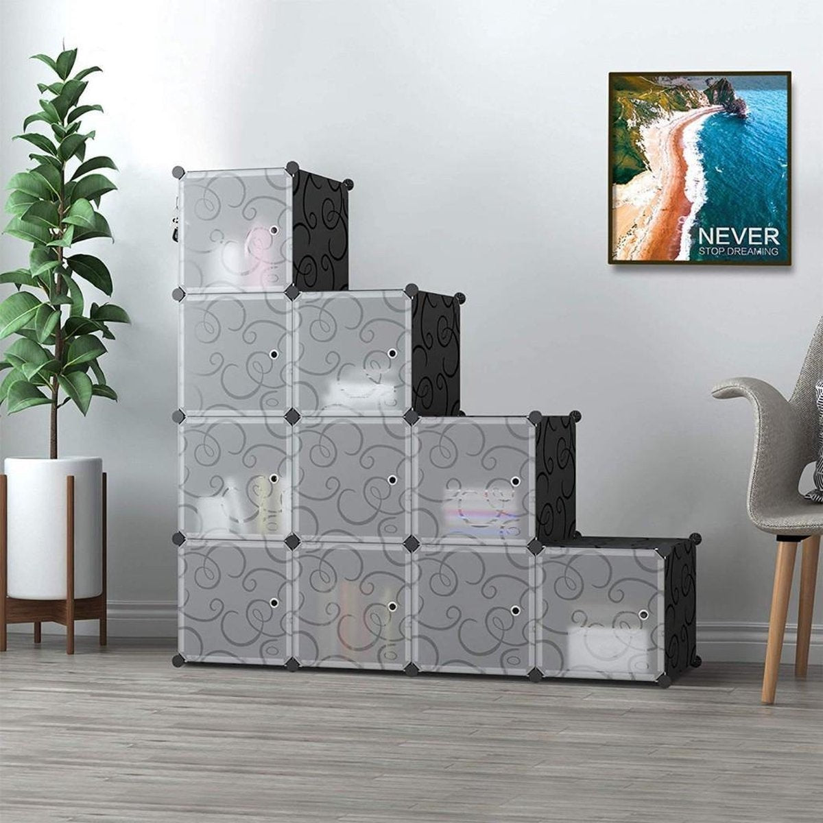XL Modular Wardrobe - Large Wardrobe - Clothing and Shoe Storage - 12 Shelves & Rod - 145 x 110 x 46.5 cm