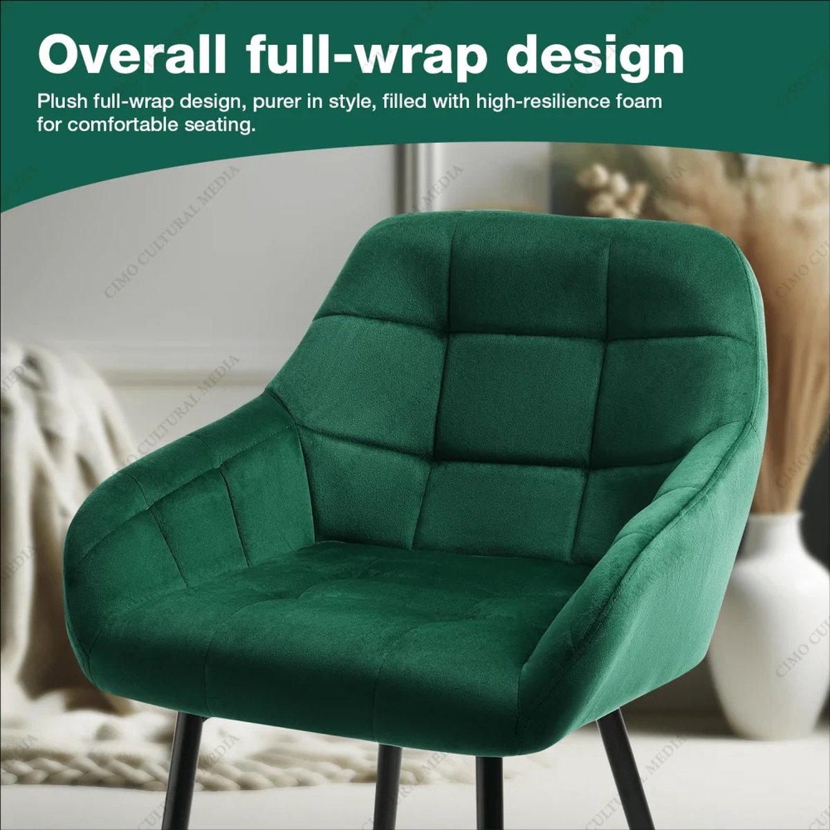 ByLoesje® Set van 4 Eetkamerstoelen Groen - Armleuningen - Fluweel - Gestoffeerd - Designstoel - Modern - Poten Zwart