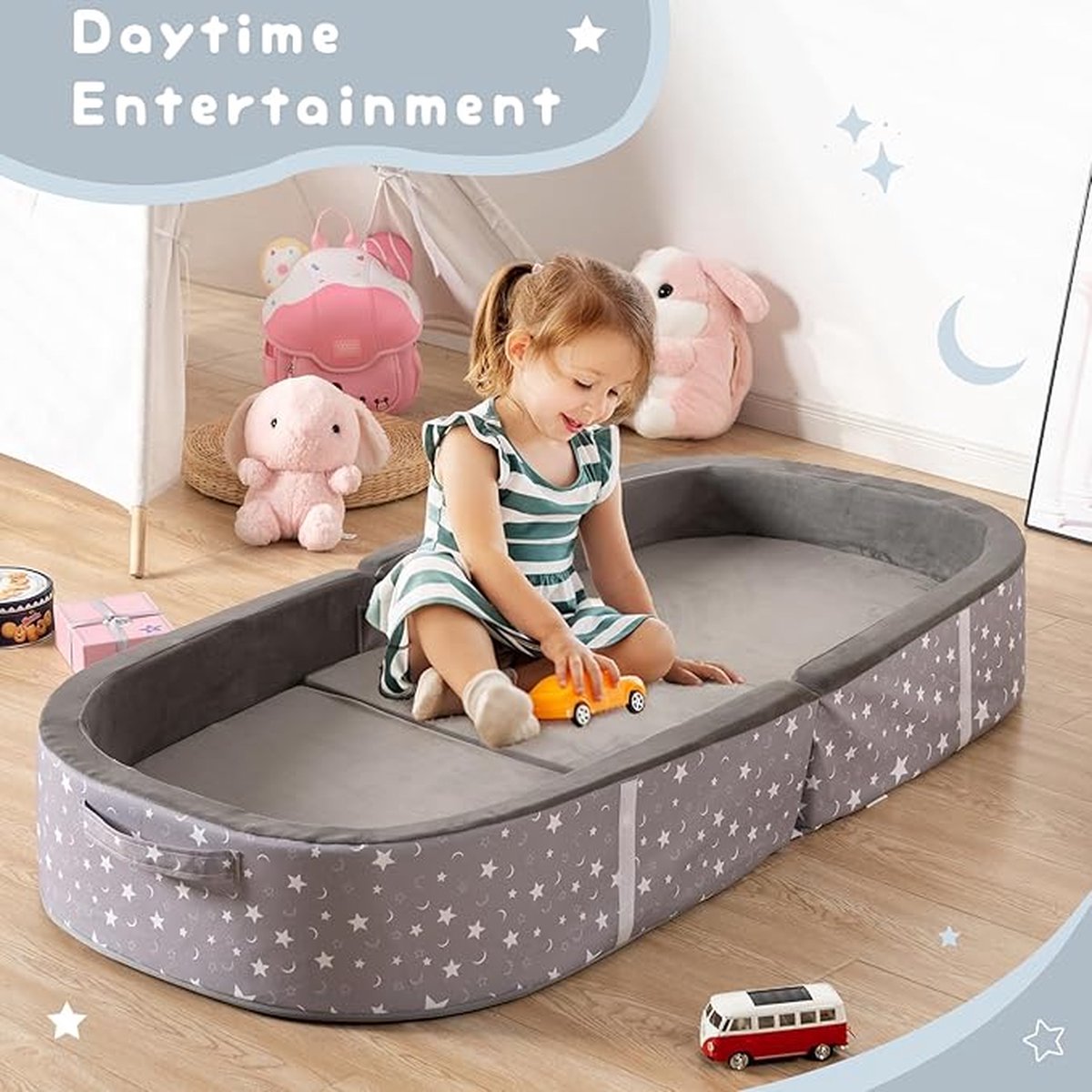 Portable, Waterproof Toddler Travel Bed with Mattress, Washable Fitted Sheet, Foldable Camping Cot, Deep Gray