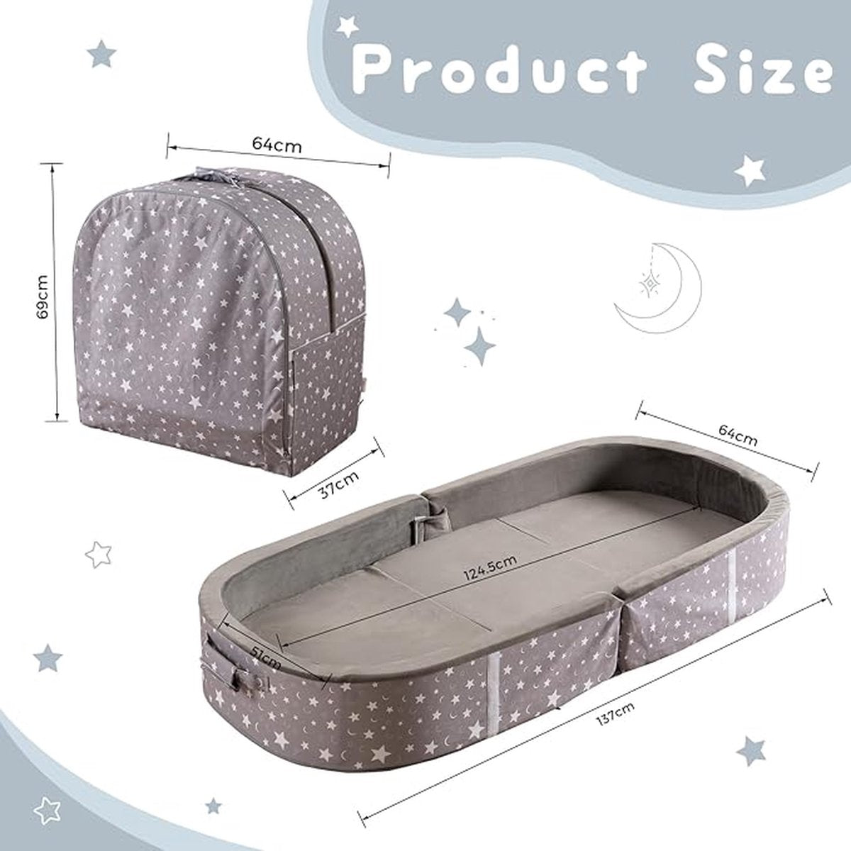 Portable, Waterproof Toddler Travel Bed with Mattress, Washable Fitted Sheet, Foldable Camping Cot, Deep Gray