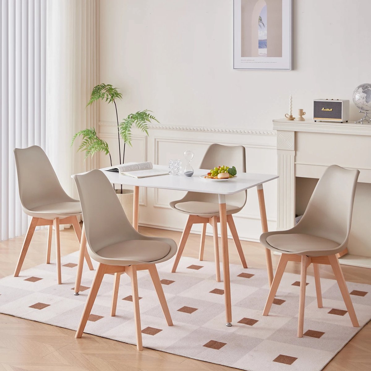 Verkoop Nederland® - Een Set Van 4 Nordic Middeleeuwse Eetkamerstoelen - Pu Gewatteerde Stoel - Beukenhouten Poten - Bureaustoelen Voor Eetkamer Slaapkamer Balkon Restaurant