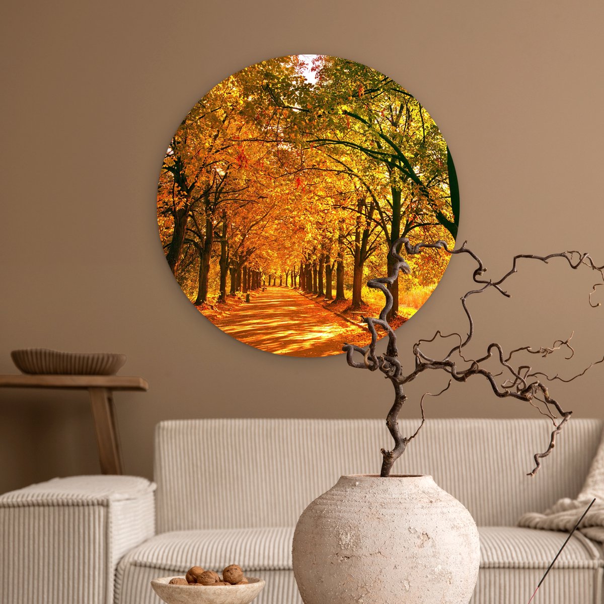 WallCircle® Muurcirkel 60x60 cm - Bos - Herfst - Seizoenen - Landelijk - Gezellig - Muurdecoratie woonkamer - Wanddecoratie slaapkamer - Kamer decoratie accessoires - Ronde schilderijen - Woonaccessoires cirkel binnen