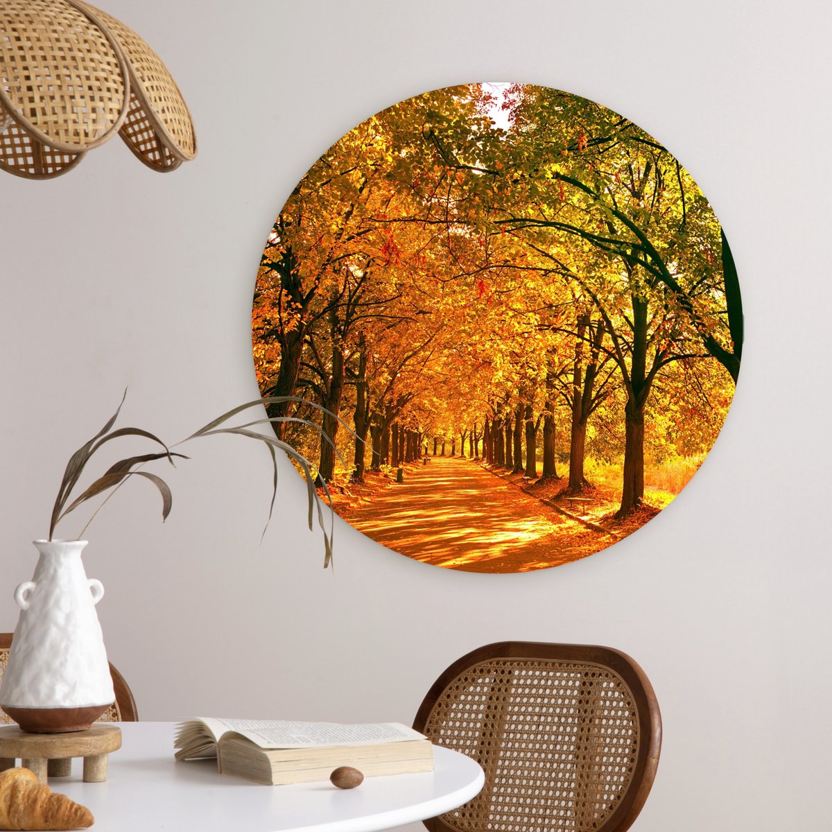 WallCircle® Muurcirkel 60x60 cm - Bos - Herfst - Seizoenen - Landelijk - Gezellig - Muurdecoratie woonkamer - Wanddecoratie slaapkamer - Kamer decoratie accessoires - Ronde schilderijen - Woonaccessoires cirkel binnen