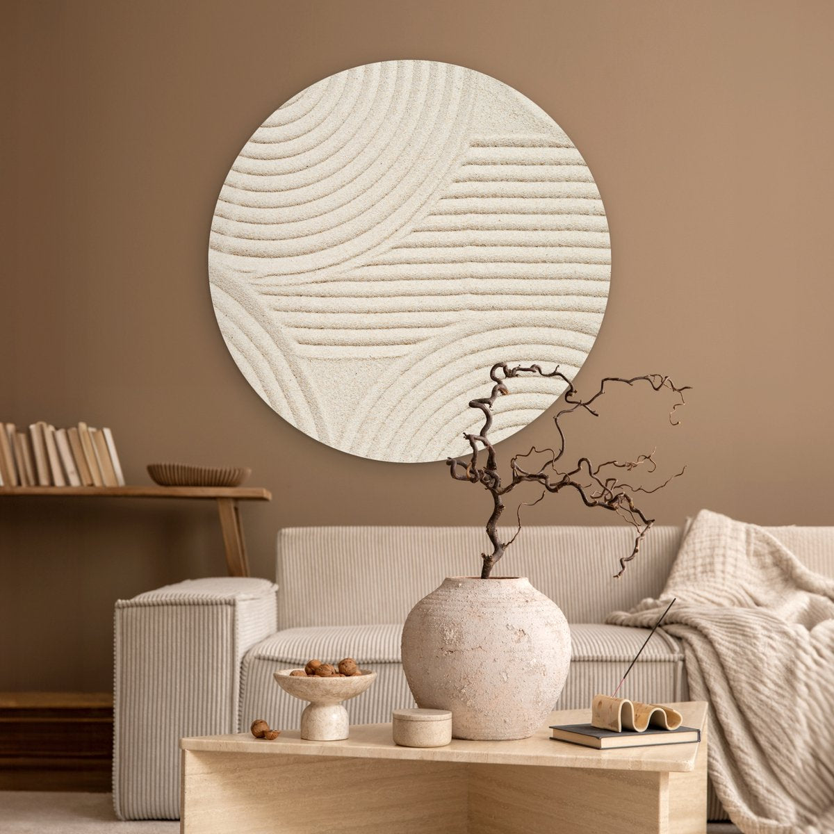 WallCircle - Wandcirkel abstract patroon 90x90 cm - Muurcirkel schilderij binnen - Wandbord rond slaapkamer - Huisdecoratie woonkamer - Wanddecoratie cirkel schilderijen - Beige slaapkamer accessoires - Muurcirkels - Wonen & interieur