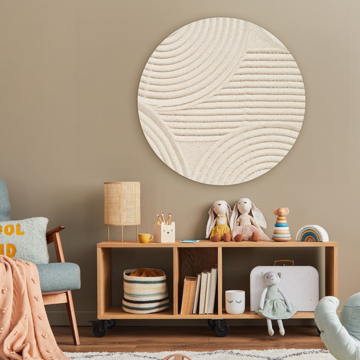 WallCircle - Wandcirkel abstract patroon 90x90 cm - Muurcirkel schilderij binnen - Wandbord rond slaapkamer - Huisdecoratie woonkamer - Wanddecoratie cirkel schilderijen - Beige slaapkamer accessoires - Muurcirkels - Wonen & interieur