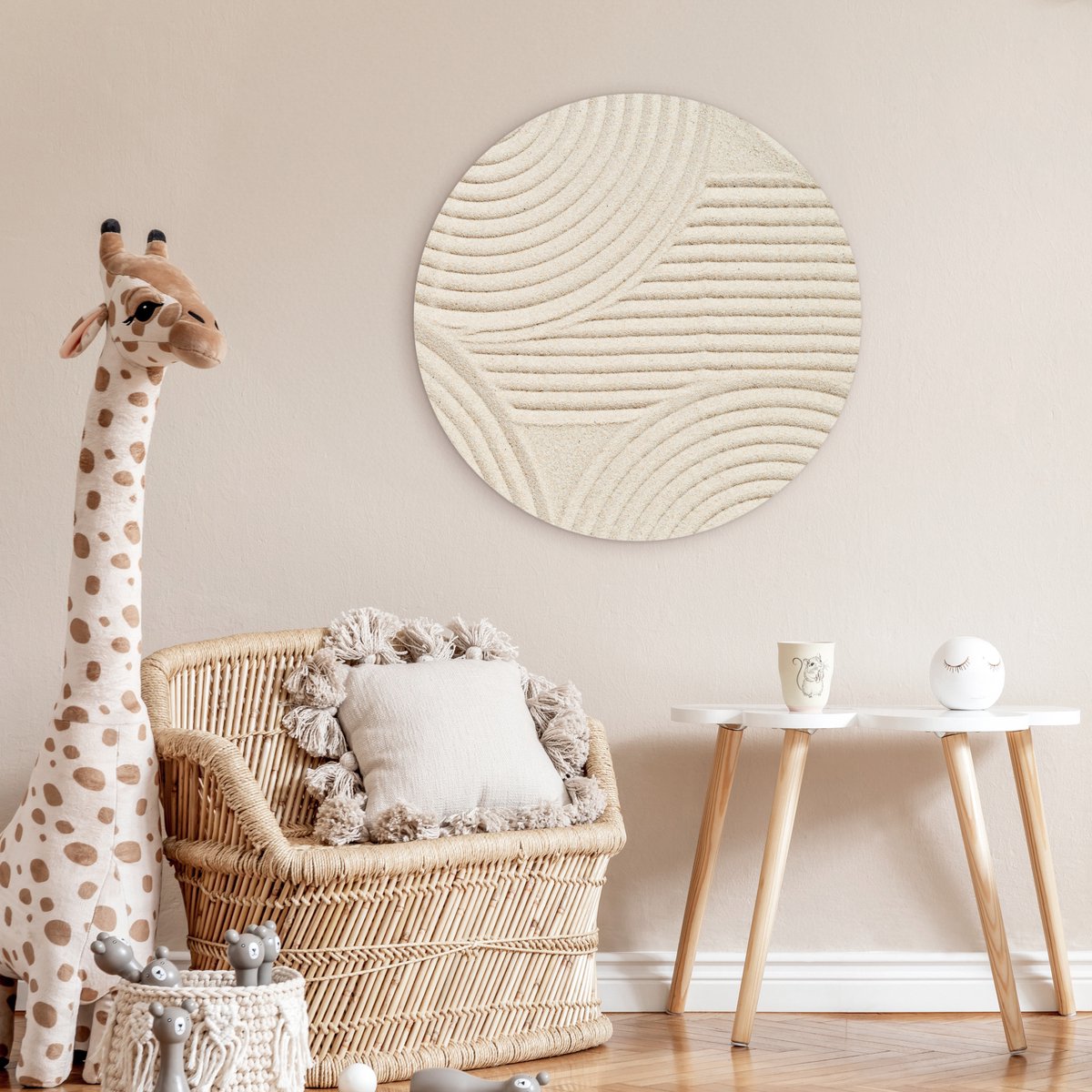 WallCircle - Wandcirkel abstract patroon 90x90 cm - Muurcirkel schilderij binnen - Wandbord rond slaapkamer - Huisdecoratie woonkamer - Wanddecoratie cirkel schilderijen - Beige slaapkamer accessoires - Muurcirkels - Wonen & interieur