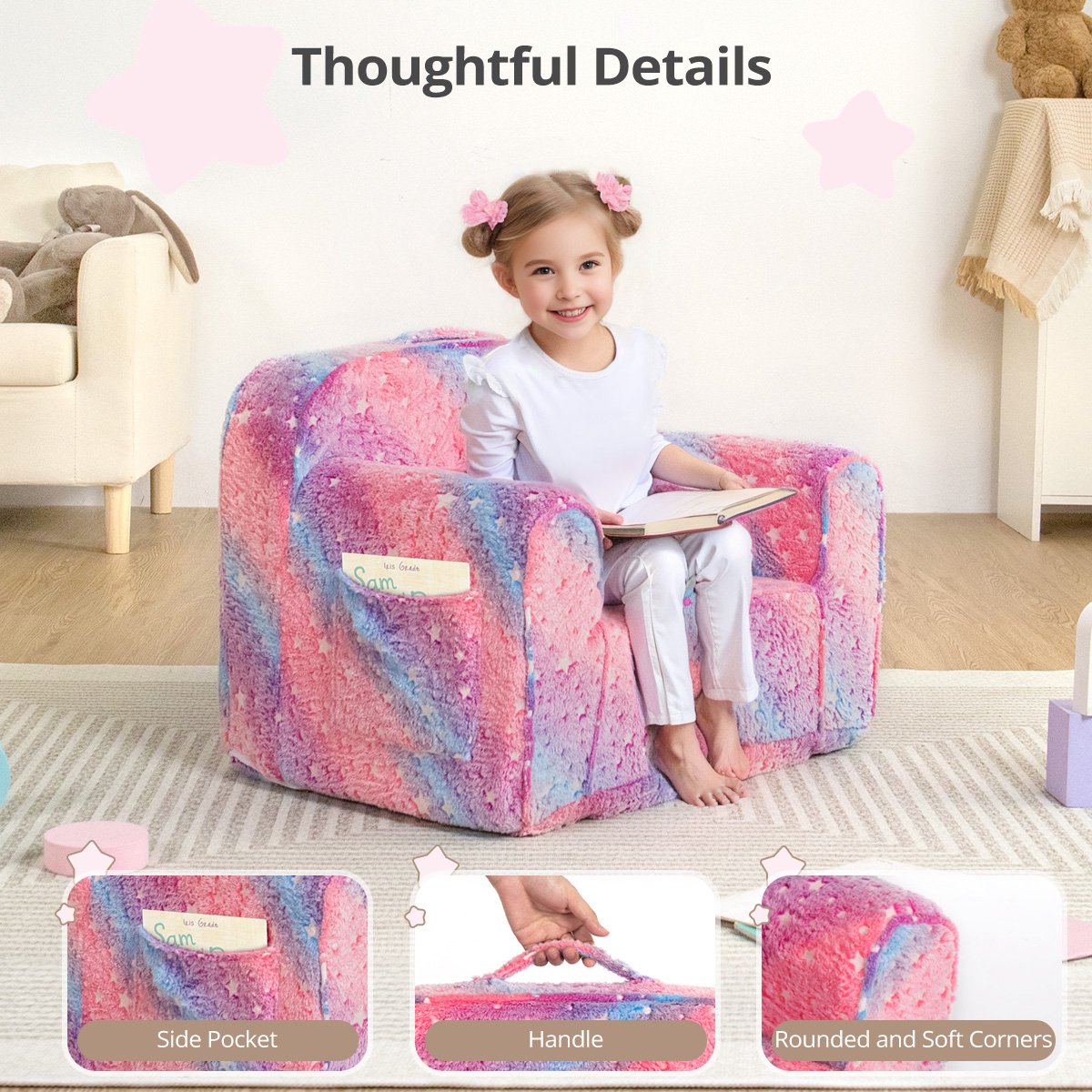 Kinder Zitzakstoel - 61x45x45cm Lichtgevende Kleuterstoel - Kinderbank - Afneembare & Uitwasbare hoes - Roze