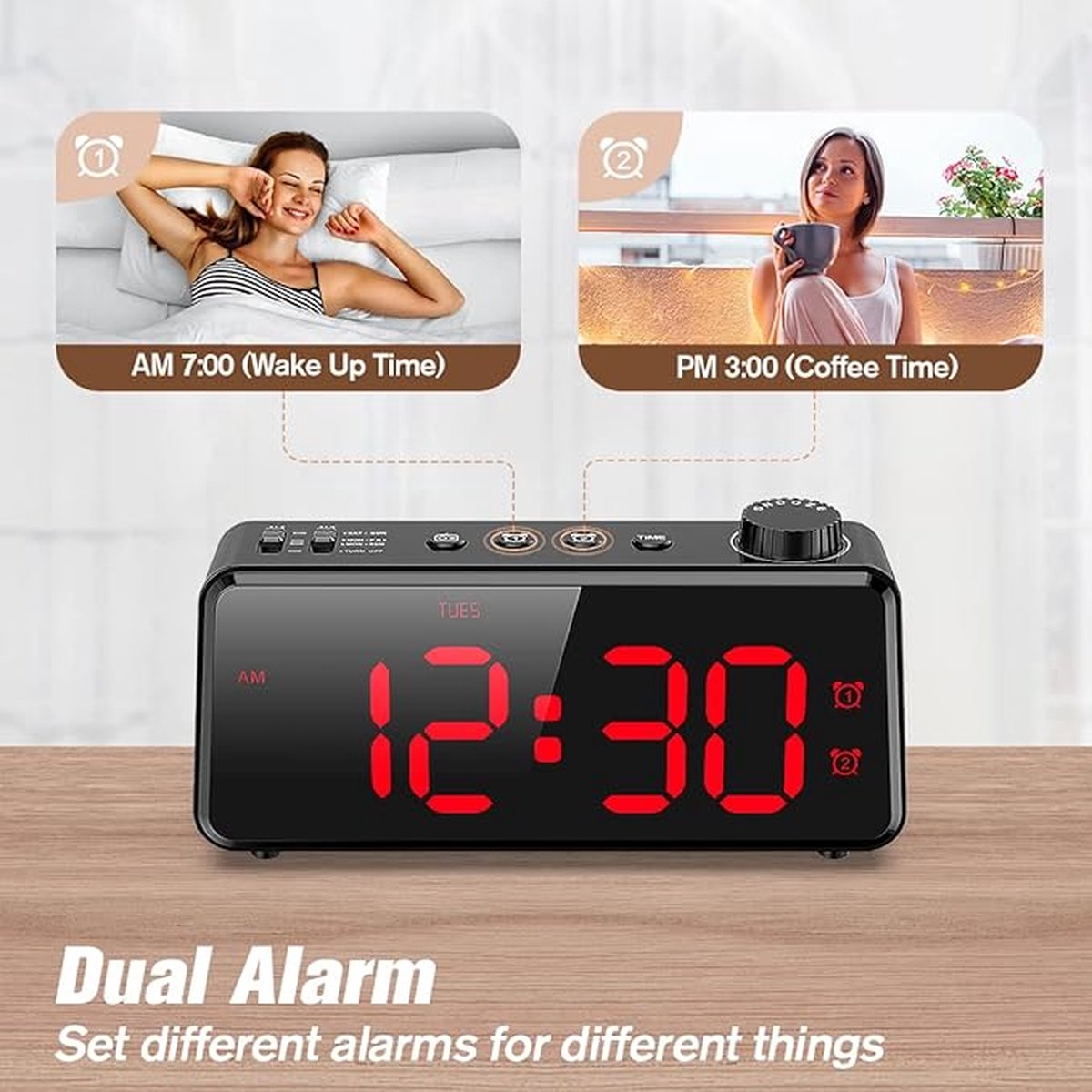Digital alarm clock with radio, dimmable LED display, mains power with battery backup, dual alarm with weekday or weekend, USB charging station, easy-to-read red numbers for seniors