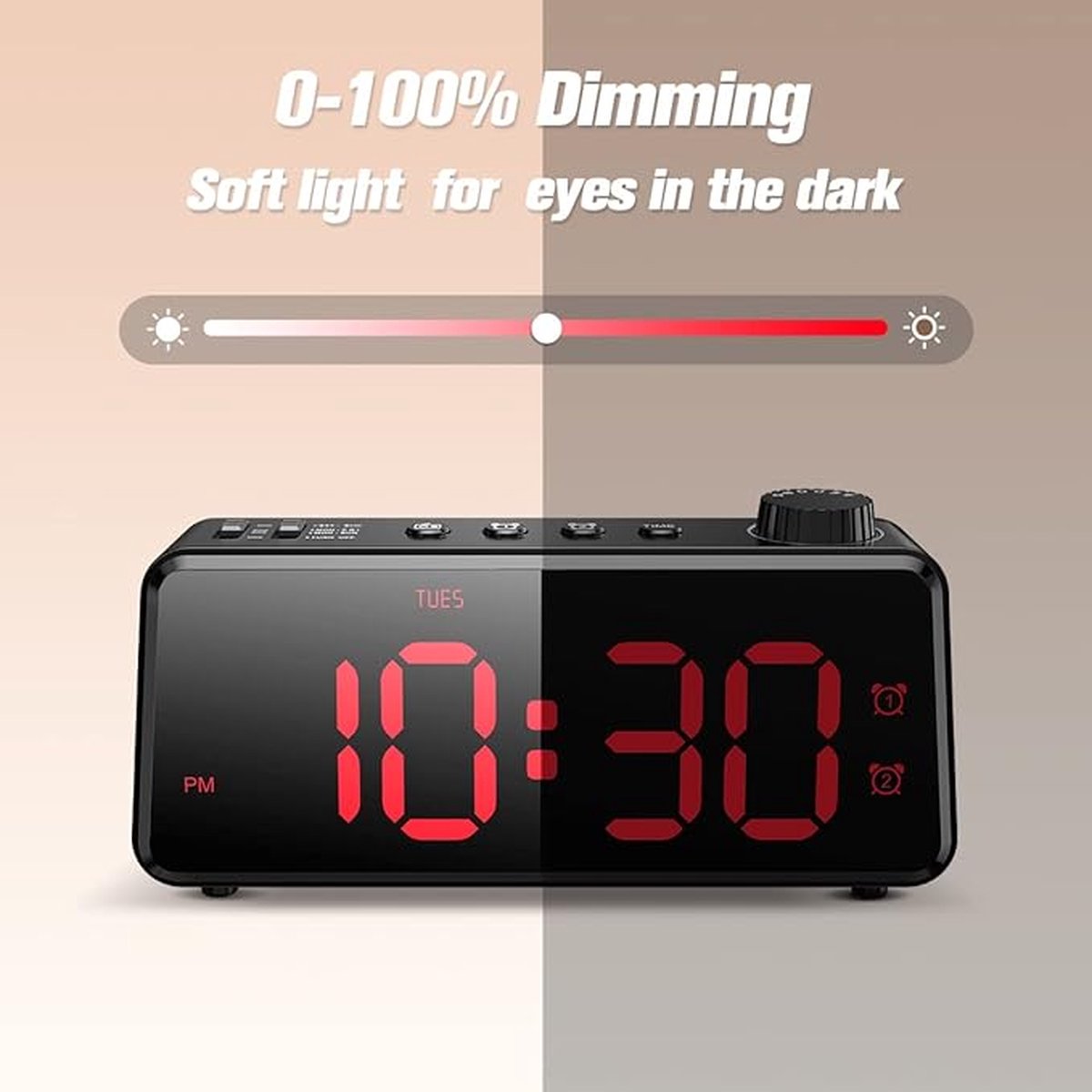 Digital alarm clock with radio, dimmable LED display, mains power with battery backup, dual alarm with weekday or weekend, USB charging station, easy-to-read red numbers for seniors