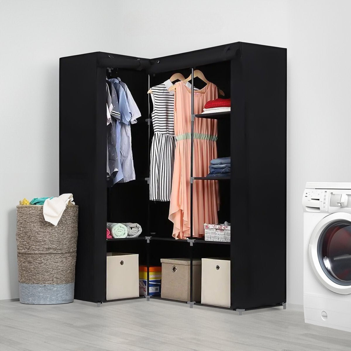 HK1Z Opvouwbare kledingkast – 126 x 40 x 170 cm – 9 legplanken – Stalen frame – 90KG draagkracht – Stoffen garderobekast – Legkast hoekmodel – Ruimtebesparende kleerkast – Kampeerkast – 126 x 40 x 170 cm – Zwart
