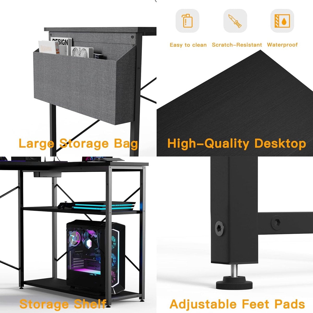 Compact Corner Desk with Power Outlets - 100x70 cm L-Shaped Computer Desk Writing Table Reversible Large Storage Shelves Bookshelf Workstation for Study Gaming Work Bedroom Home Office