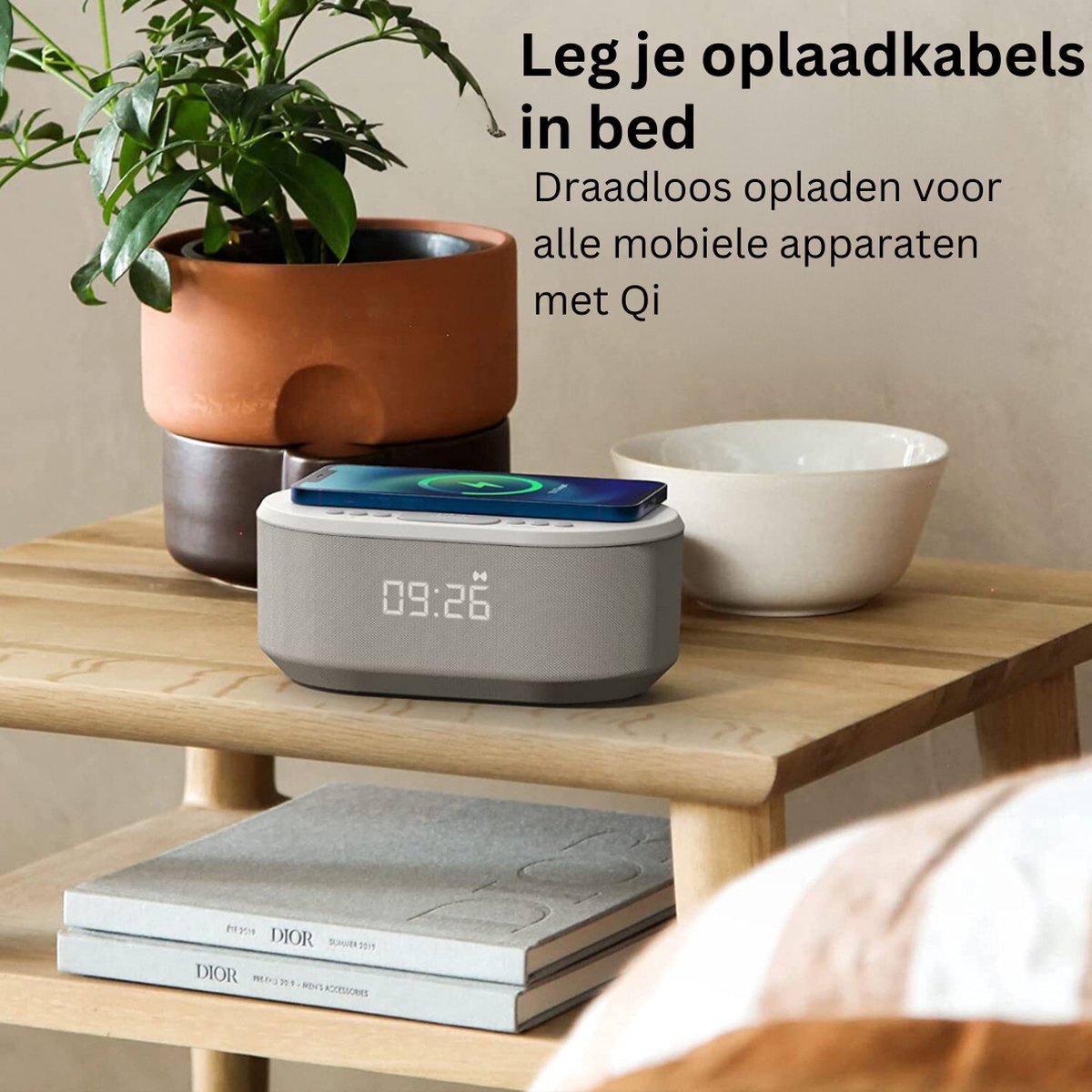 Radiowekker - Digitale wekker met draadloze oplader, wekkerradio digitaal met Bluetooth, USB-oplader, dimbaar LED-display en dubbel alarm, wekker (Wit)