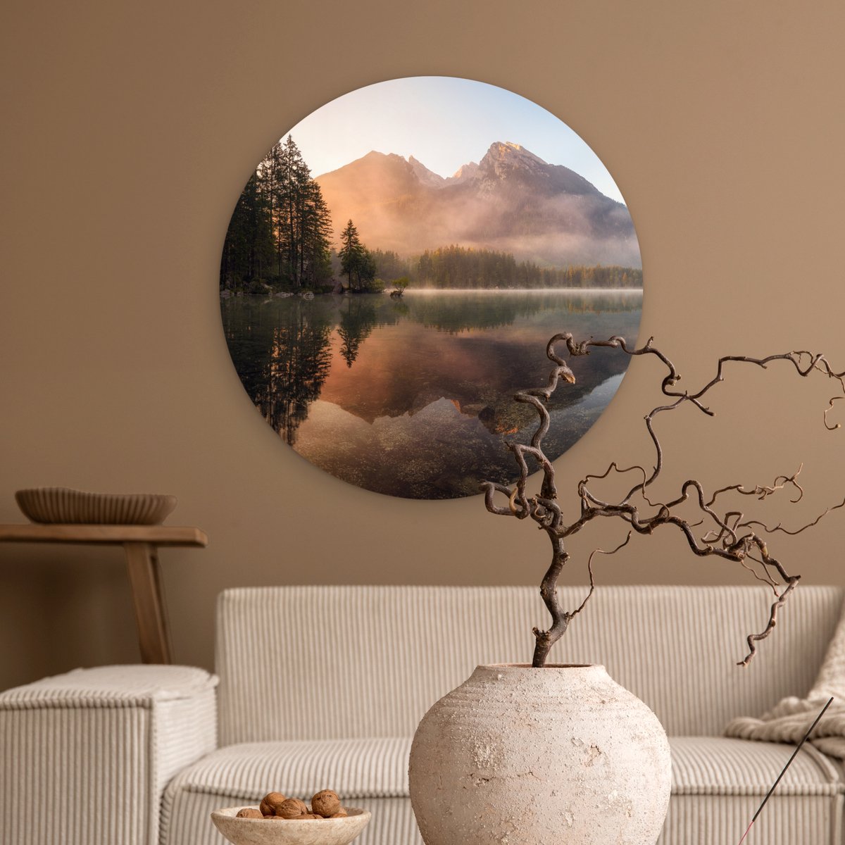 WallCircle® Wandcirkel 60x60 cm - Muurcirkel Landschap - Mist - Water - Bomen - Natuur - Planten - Muurdecoratie woonkamer - Wanddecoratie slaapkamer - Kamer decoratie accessoires - Ronde schilderijen - Woonaccessoires cirkel binnen