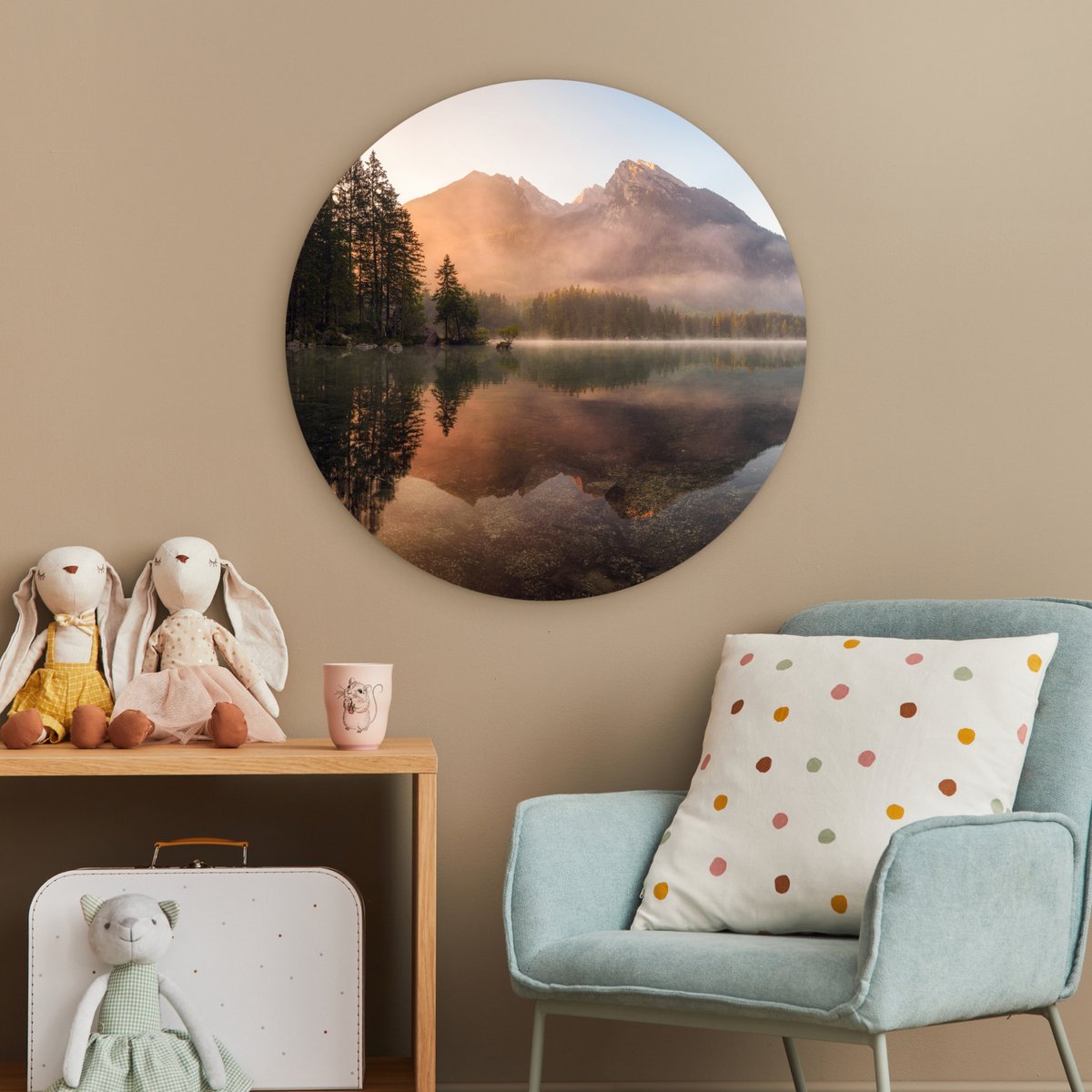 WallCircle® Wandcirkel 60x60 cm - Muurcirkel Landschap - Mist - Water - Bomen - Natuur - Planten - Muurdecoratie woonkamer - Wanddecoratie slaapkamer - Kamer decoratie accessoires - Ronde schilderijen - Woonaccessoires cirkel binnen