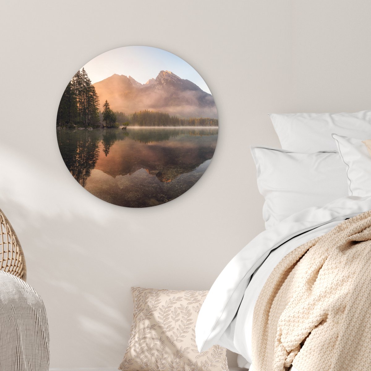 WallCircle® Wandcirkel 60x60 cm - Muurcirkel Landschap - Mist - Water - Bomen - Natuur - Planten - Muurdecoratie woonkamer - Wanddecoratie slaapkamer - Kamer decoratie accessoires - Ronde schilderijen - Woonaccessoires cirkel binnen