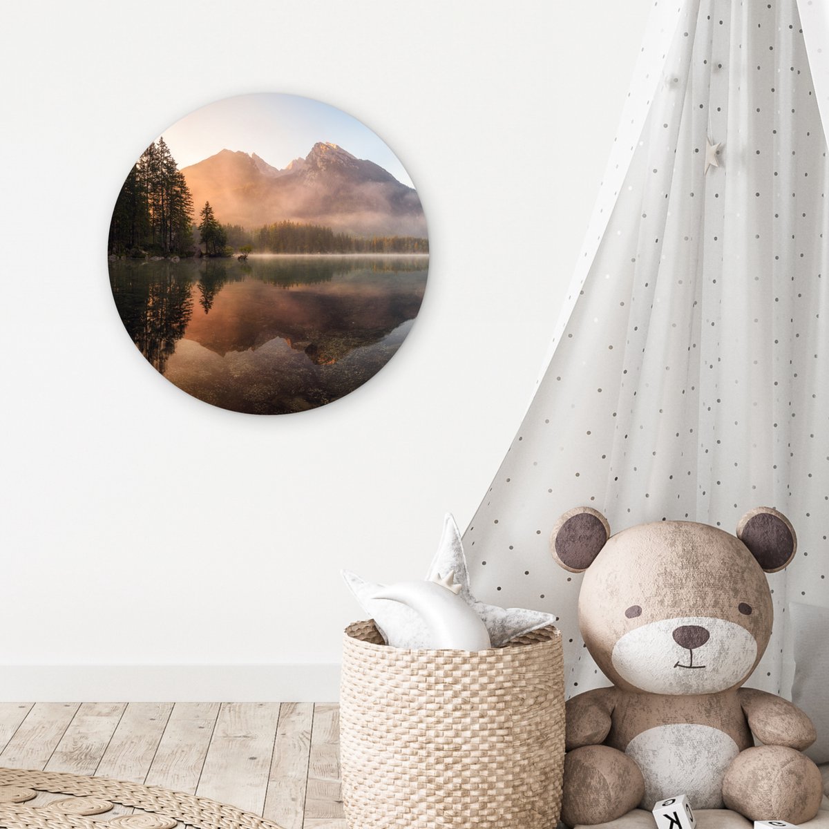 WallCircle® Wandcirkel 60x60 cm - Muurcirkel Landschap - Mist - Water - Bomen - Natuur - Planten - Muurdecoratie woonkamer - Wanddecoratie slaapkamer - Kamer decoratie accessoires - Ronde schilderijen - Woonaccessoires cirkel binnen