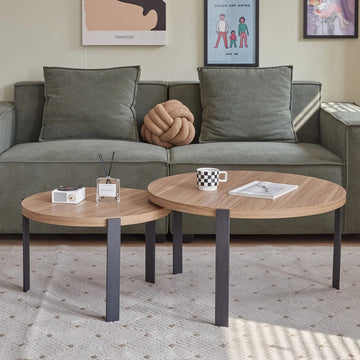 ByLoesje® Set van 2 Ronde salontafels - Hout - Donker Bruin - Woonkamer - Bijzettafel - 3 Poten