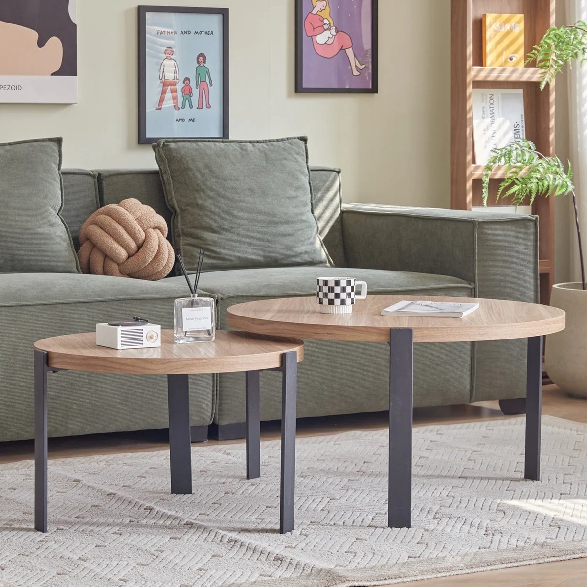 ByLoesje® Set van 2 Ronde salontafels - Hout - Donker Bruin - Woonkamer - Bijzettafel - 3 Poten