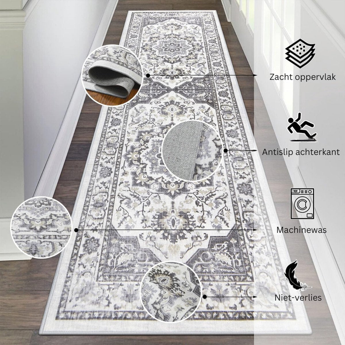 Hallway Runner - Boho - Carpet - 60x180 cm - Runner - Grey - Washable - Non-slip - Hallway - Carpet for hall - Bedroom - Living room - Kitchen runner