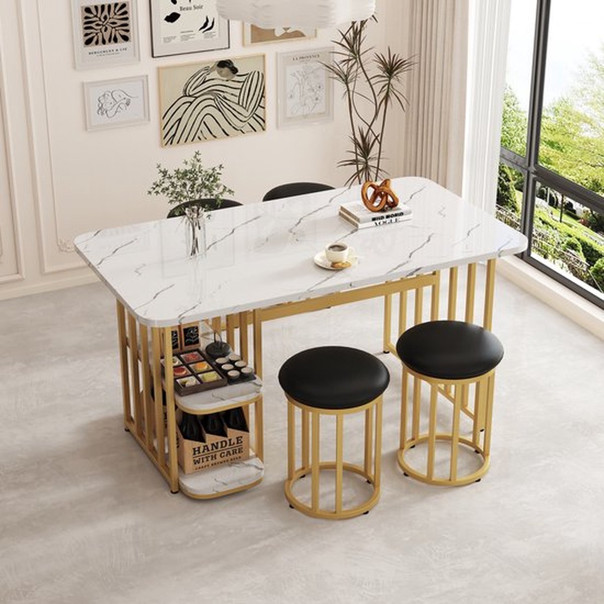 140*80*75cm moderne eettafel, Eettafelset (met eettafel, 4 stoelen), keukentafelset met stalen frame, eettafel met opbergruimte, rechthoekige eettafel, eetkamerstoelen, wit en goud