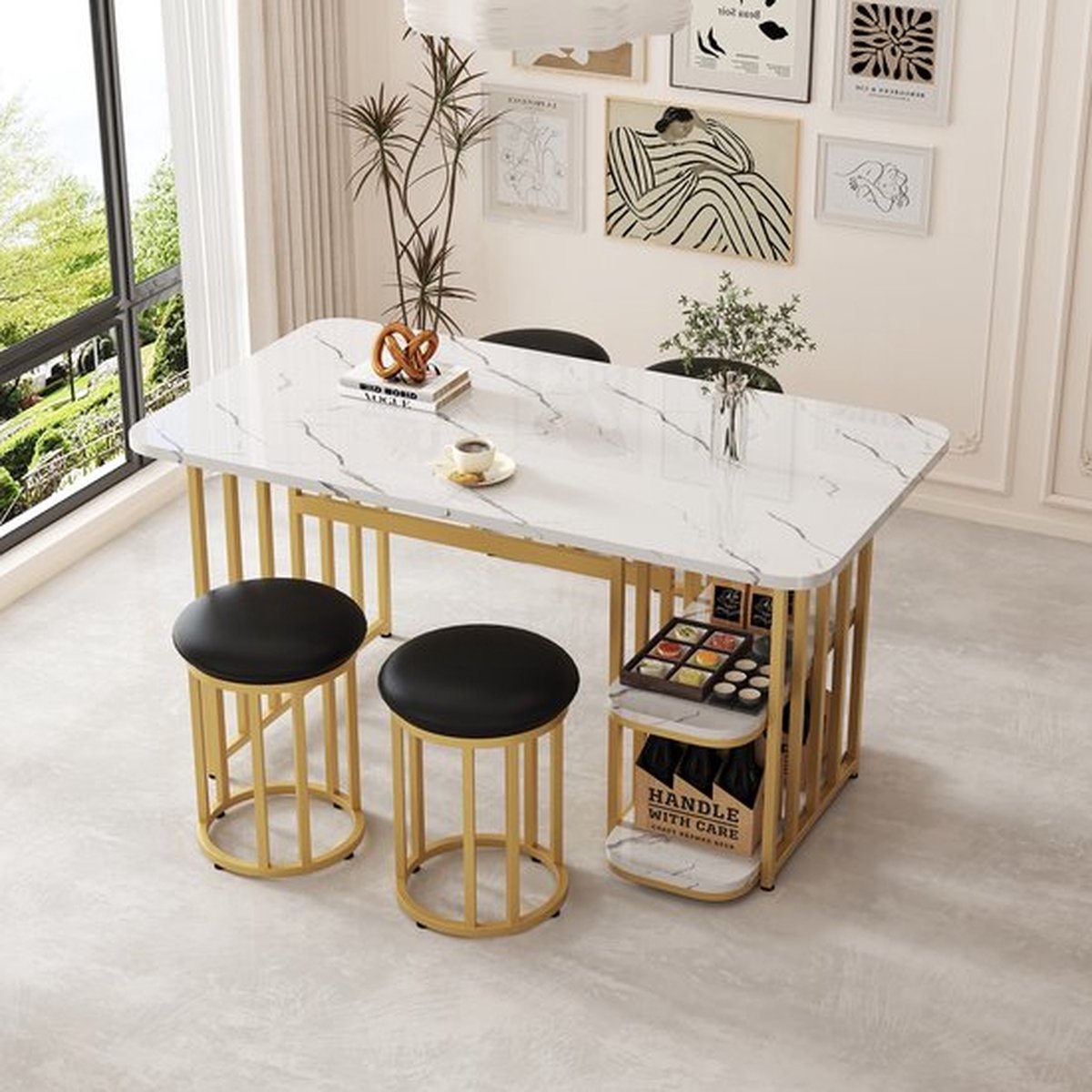 140*80*75cm moderne eettafel, Eettafelset (met eettafel, 4 stoelen), keukentafelset met stalen frame, eettafel met opbergruimte, rechthoekige eettafel, eetkamerstoelen, wit en goud