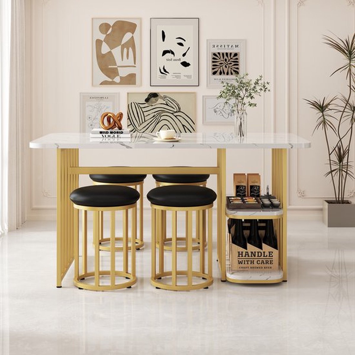 140*80*75cm moderne eettafel, Eettafelset (met eettafel, 4 stoelen), keukentafelset met stalen frame, eettafel met opbergruimte, rechthoekige eettafel, eetkamerstoelen, wit en goud