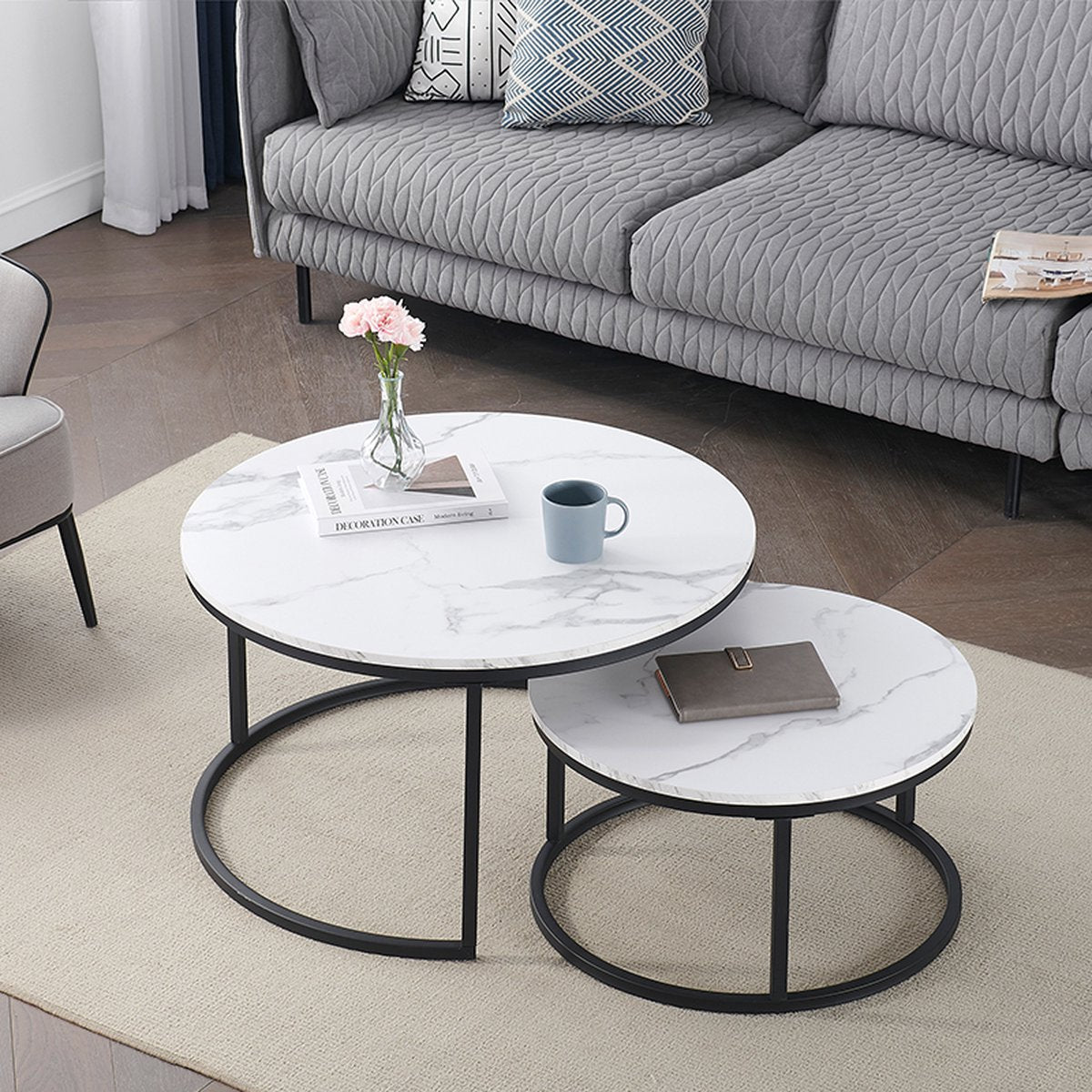 Moderne Salontafel - Set van 2 - Koffietafel - Bijzettafel - 2 Stuks - Ronde Salontafel - Wit - Marmer look - 80 en 60 cm