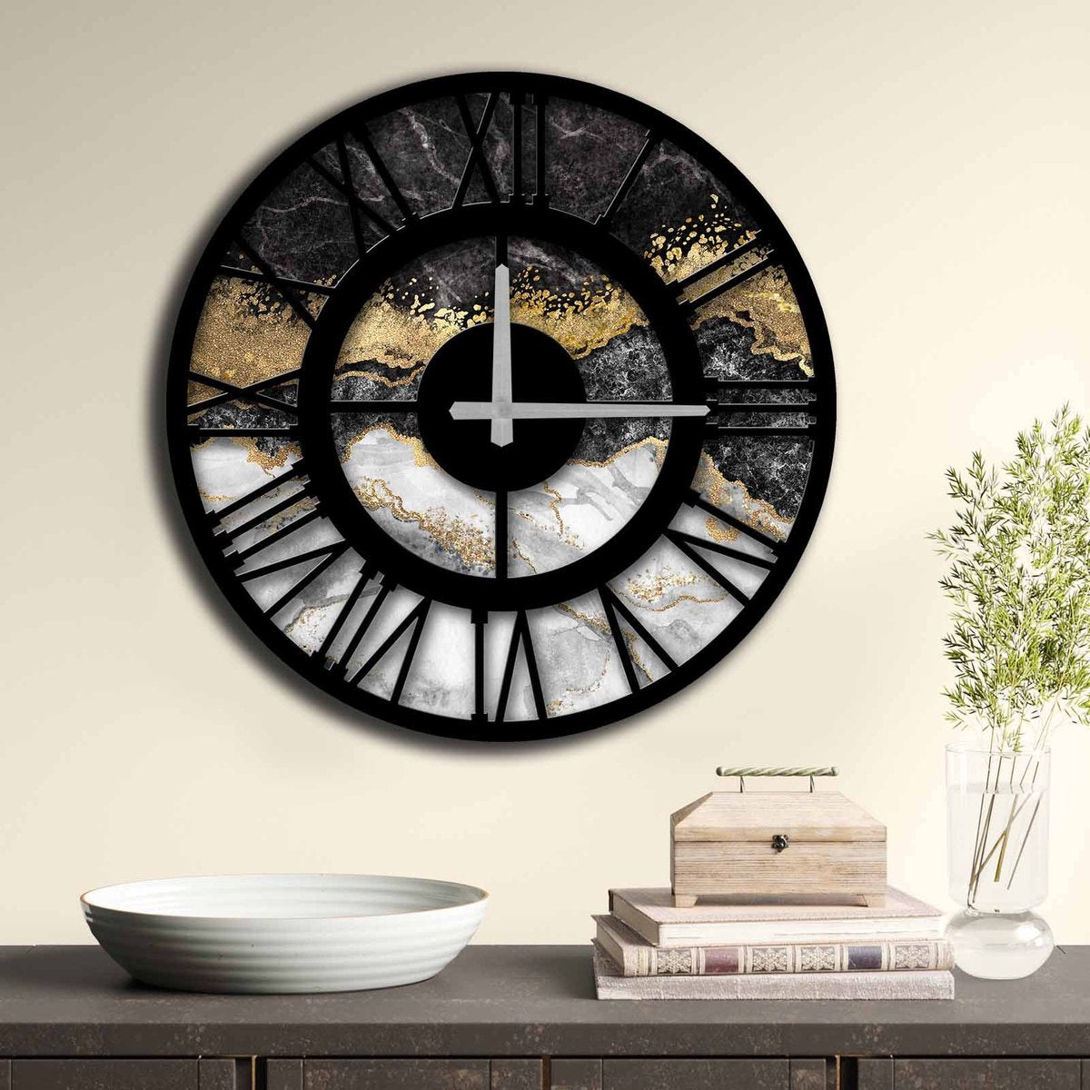 Home Accessories - Wall Clock Black/Gold/Grey - Decorative MDF Clock - Ideal for Any Interior Style - 50x50x0.5 cm