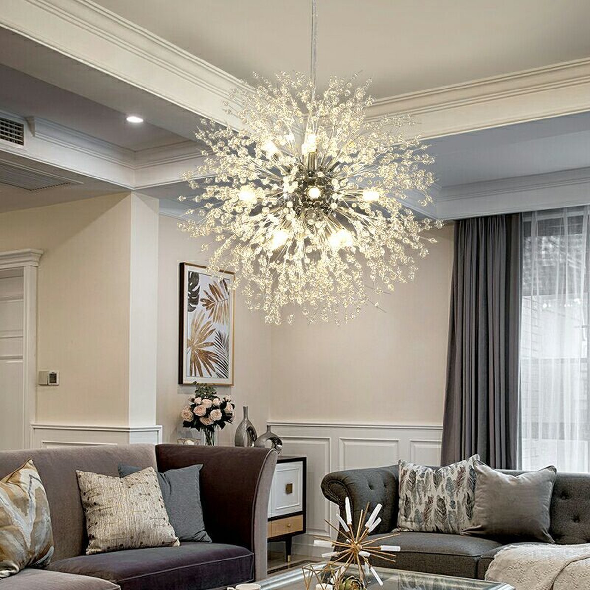 Xtraworks - Fireworks / Dandelion Chandelier - pendant light for living room or bedroom - Silver - 50cm - Including light bulbs