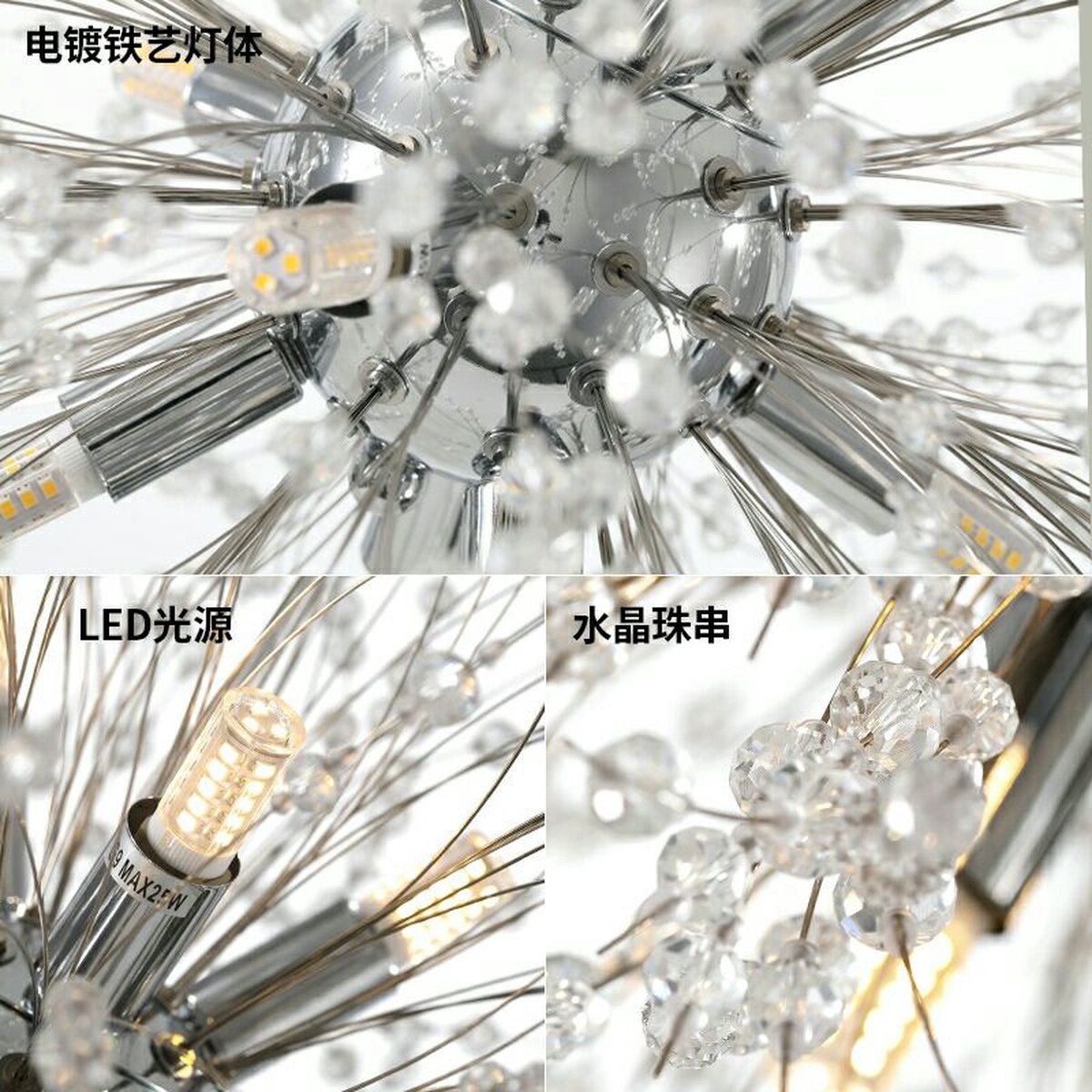 Xtraworks - Fireworks / Dandelion Chandelier - pendant light for living room or bedroom - Silver - 50cm - Including light bulbs