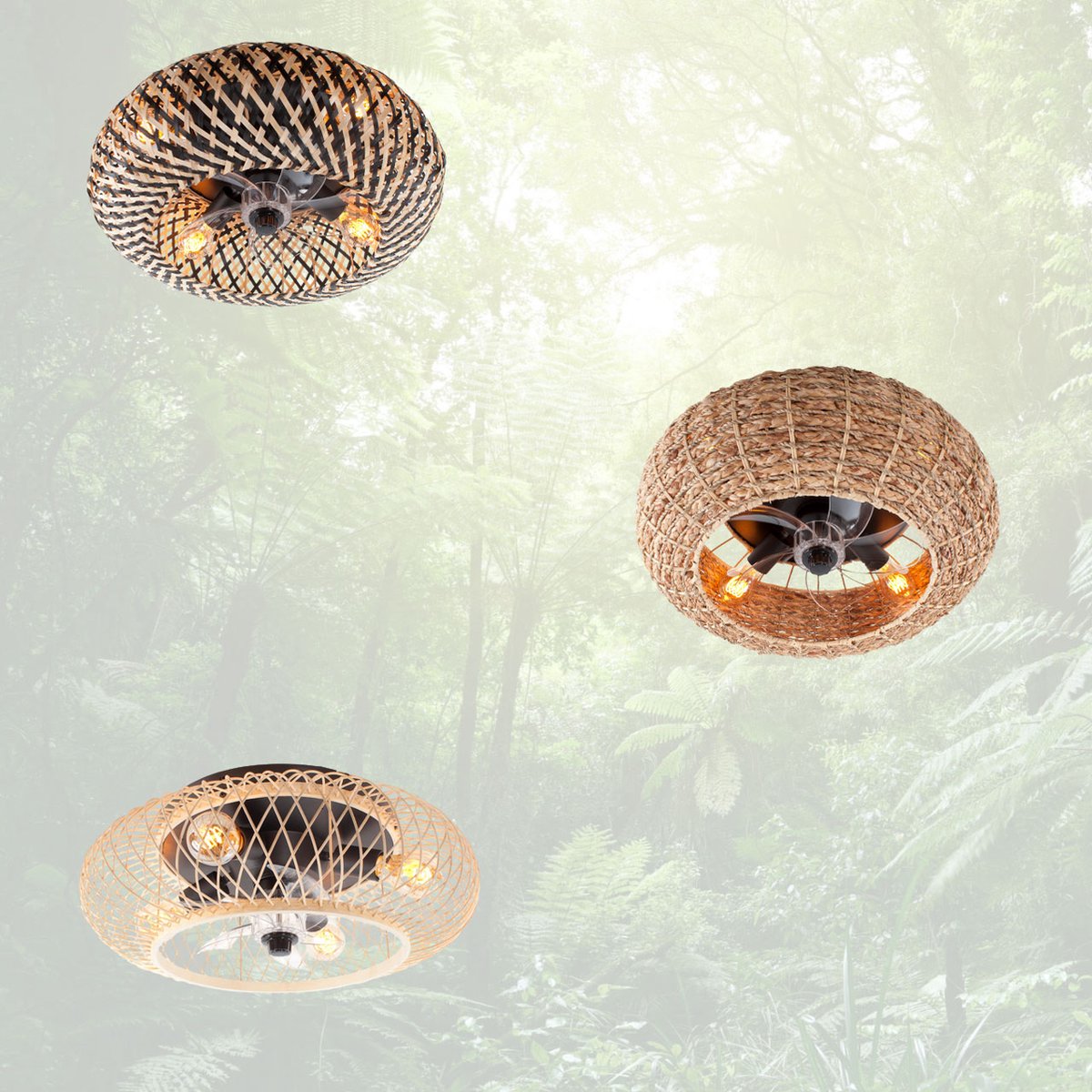 Ceiling fan with light - Rattan natural / black Ø 50 cm