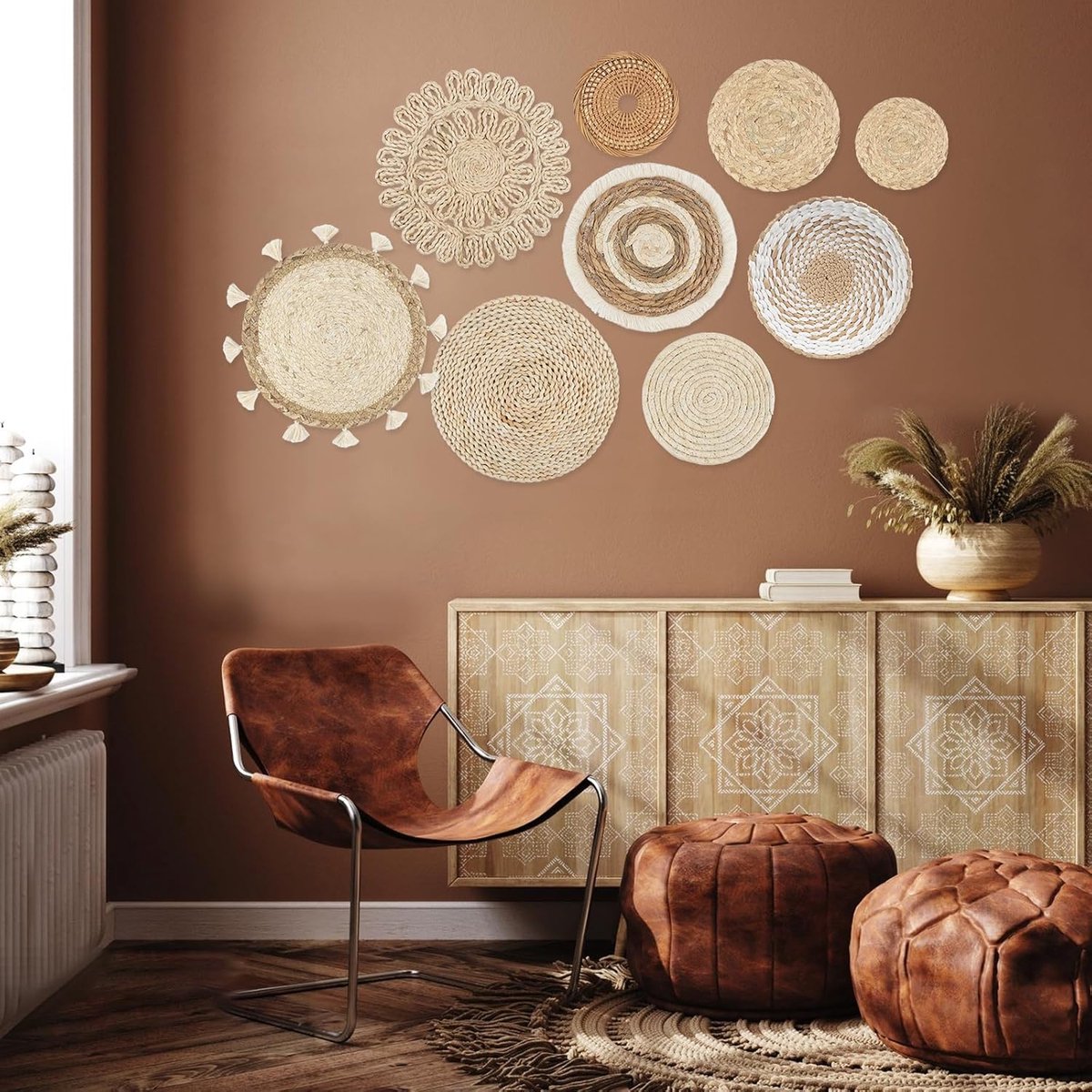 Boho rotan bloemenmandje wanddecoratie (bruin-B)